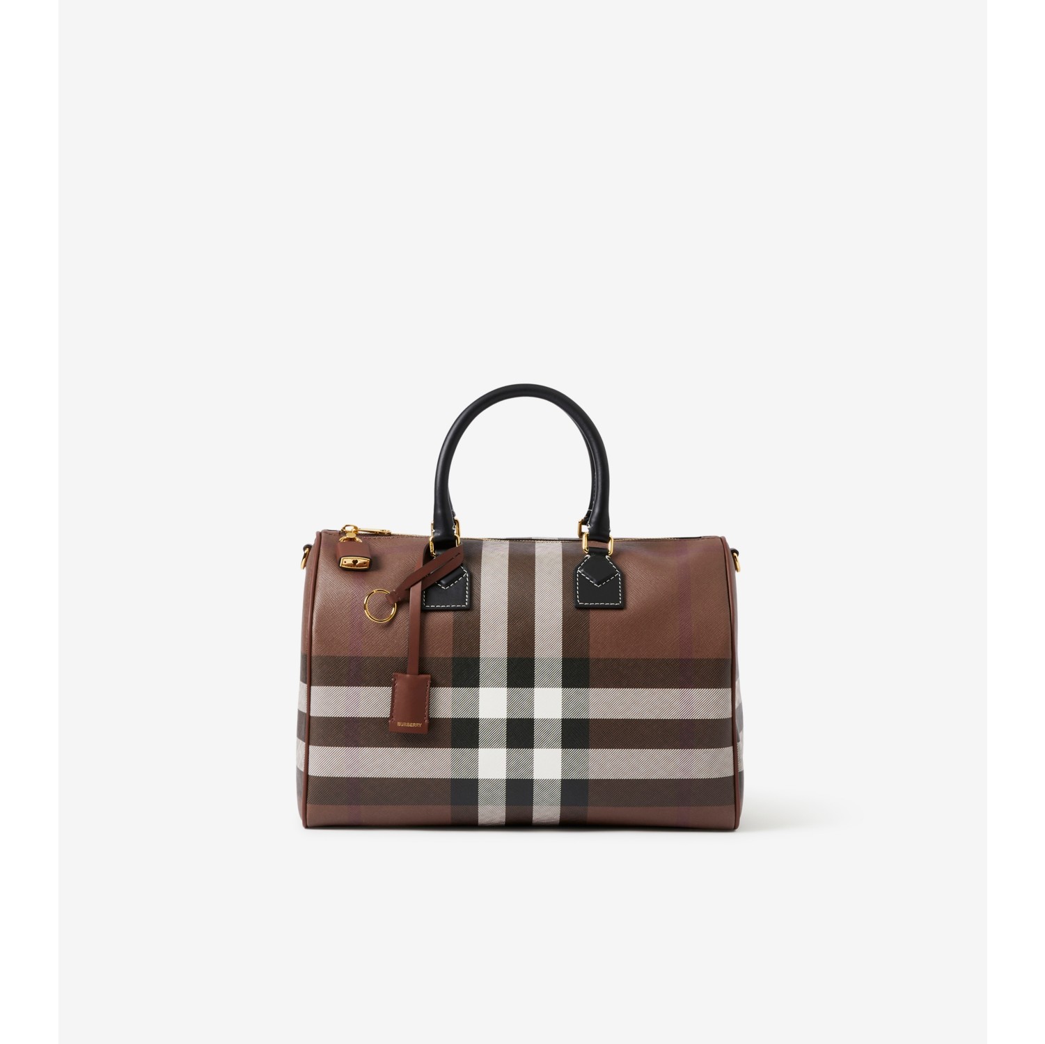 Check and Leather Medium Tote in Dark Birch Brown - Burberry