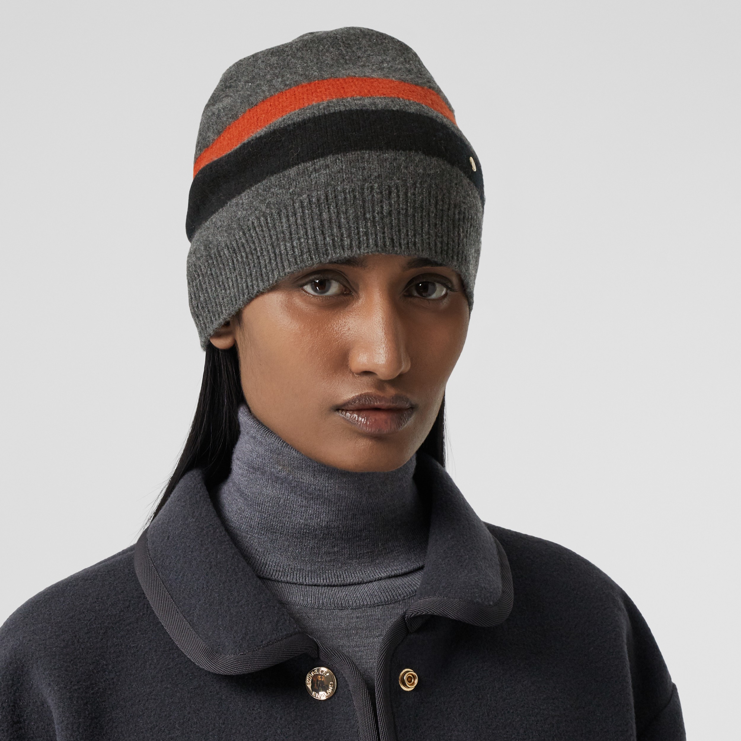 Monogram Motif Merino Wool Cashmere Beanie in Dark Grey Burberry