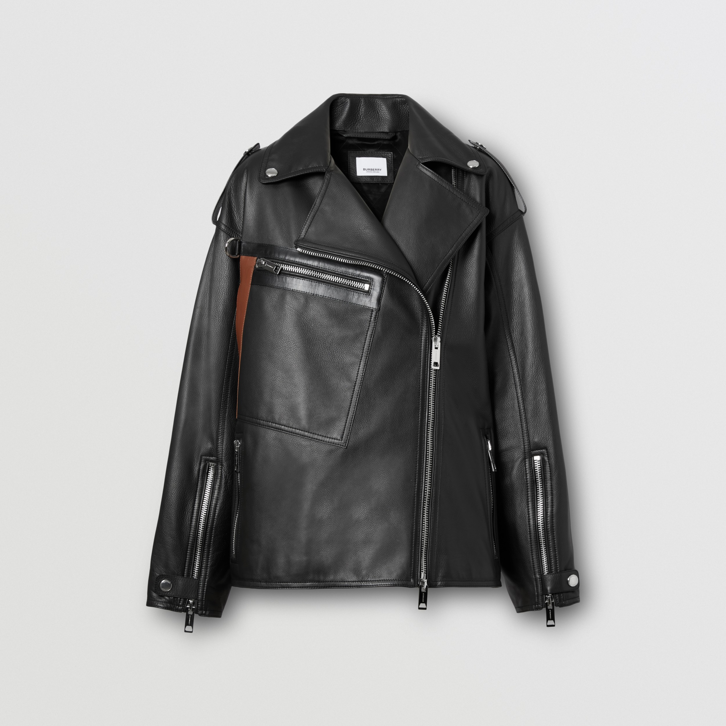 Pocket Detail Leather Biker Jacket in Black Women Burberry United States