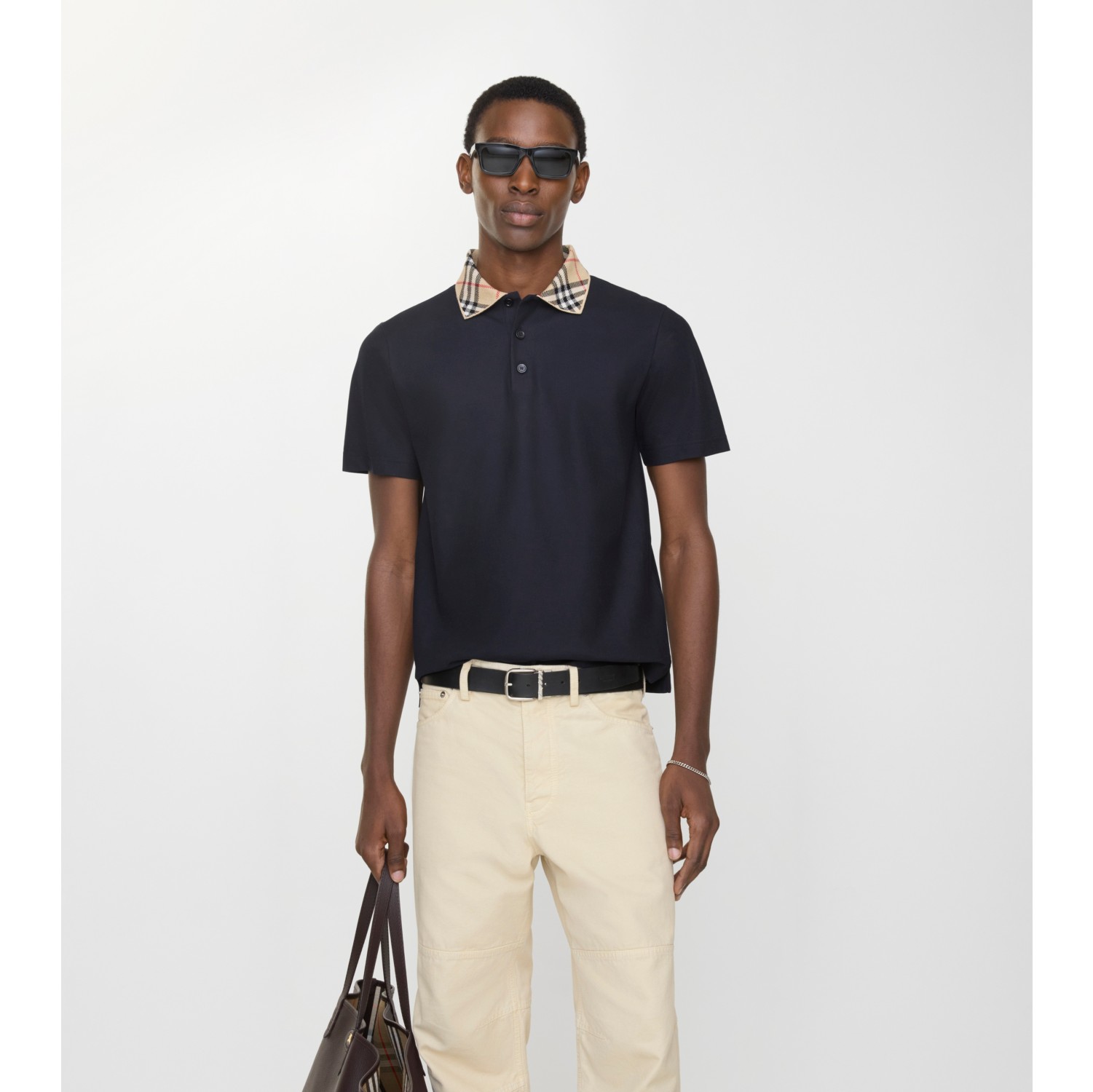 Check Collar Cotton Polo Shirt in Navy - Men | Burberry® Official