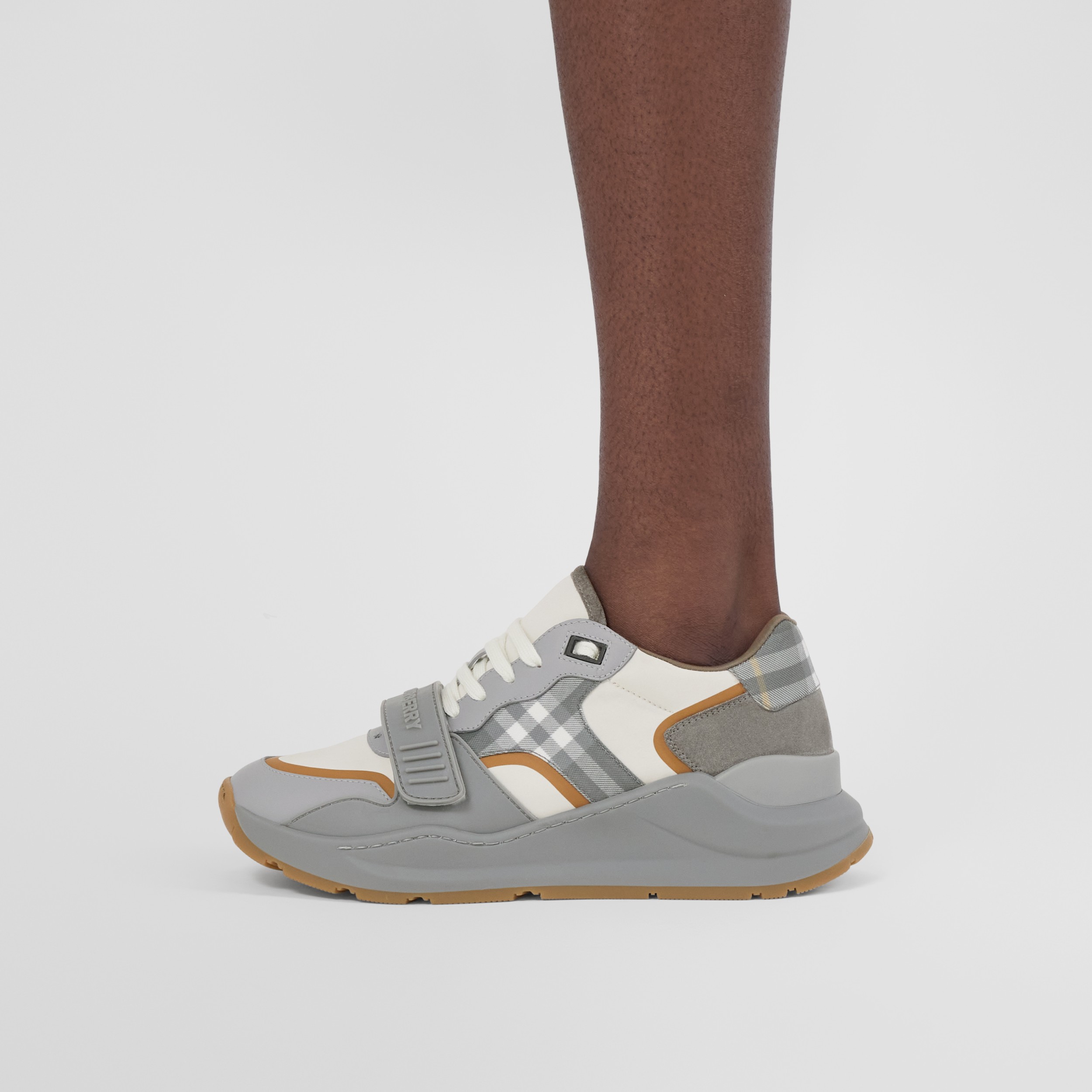 Check, Suede and Leather Sneakers in Grey/camel - Women | Burberry® Official - 3