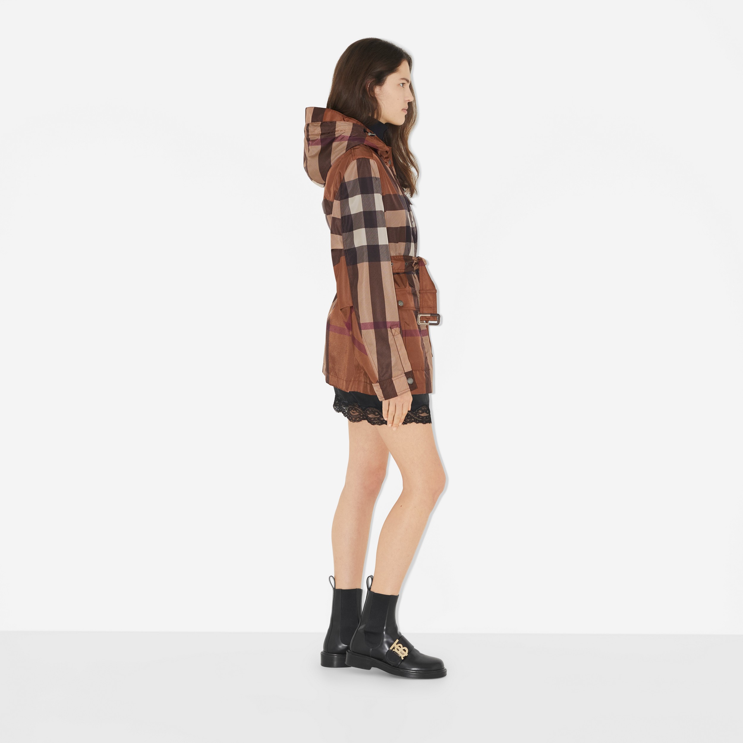 Check Nylon Hooded Field Jacket in Dark Birch Brown - Women | Burberry® Official - 3