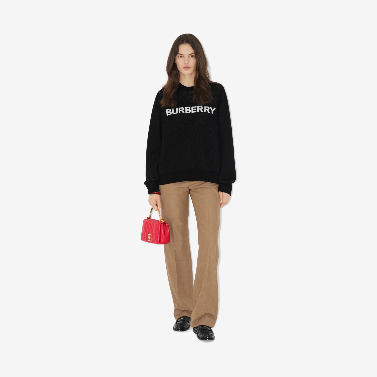 Suéter oversize de lã e algodão com logotipo em jacquard (Preto) - Mulheres | Burberry® oficial