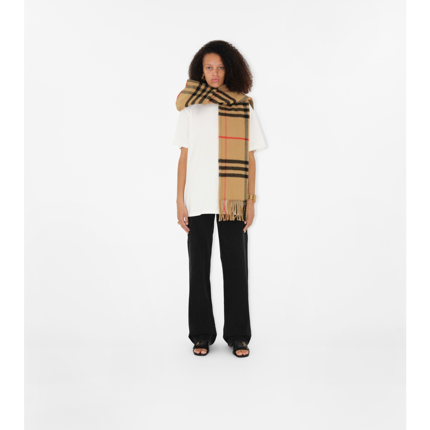 Check Cashmere Silk Blend Tweed Scarf in Archive beige