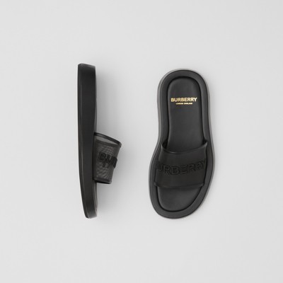 Embroidered Logo Mesh and Leather Slides in Black - Burberry