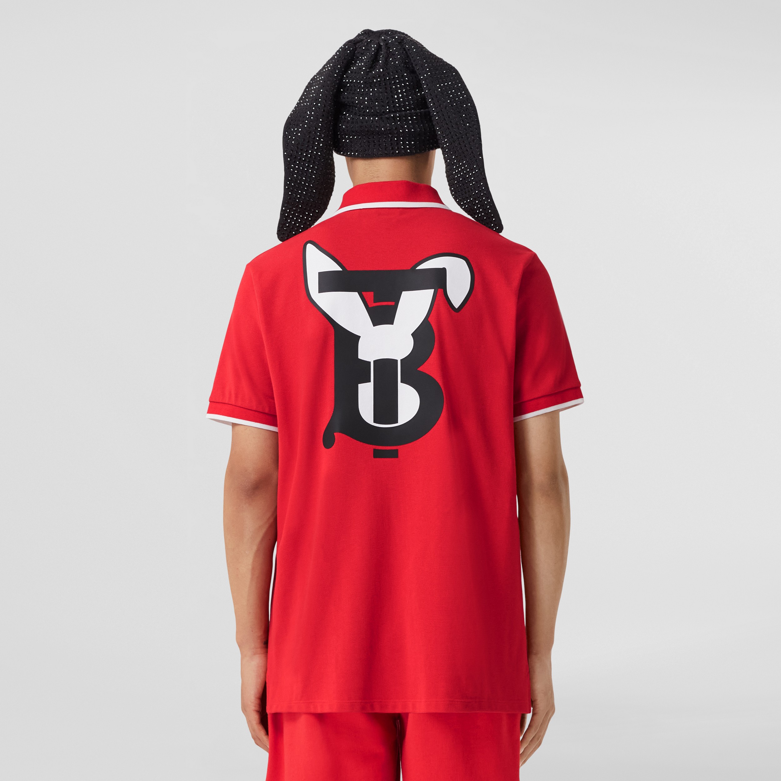 Rabbit Print Cotton Piqué Polo Shirt in Bright Red - Men | Burberry® Official - 3