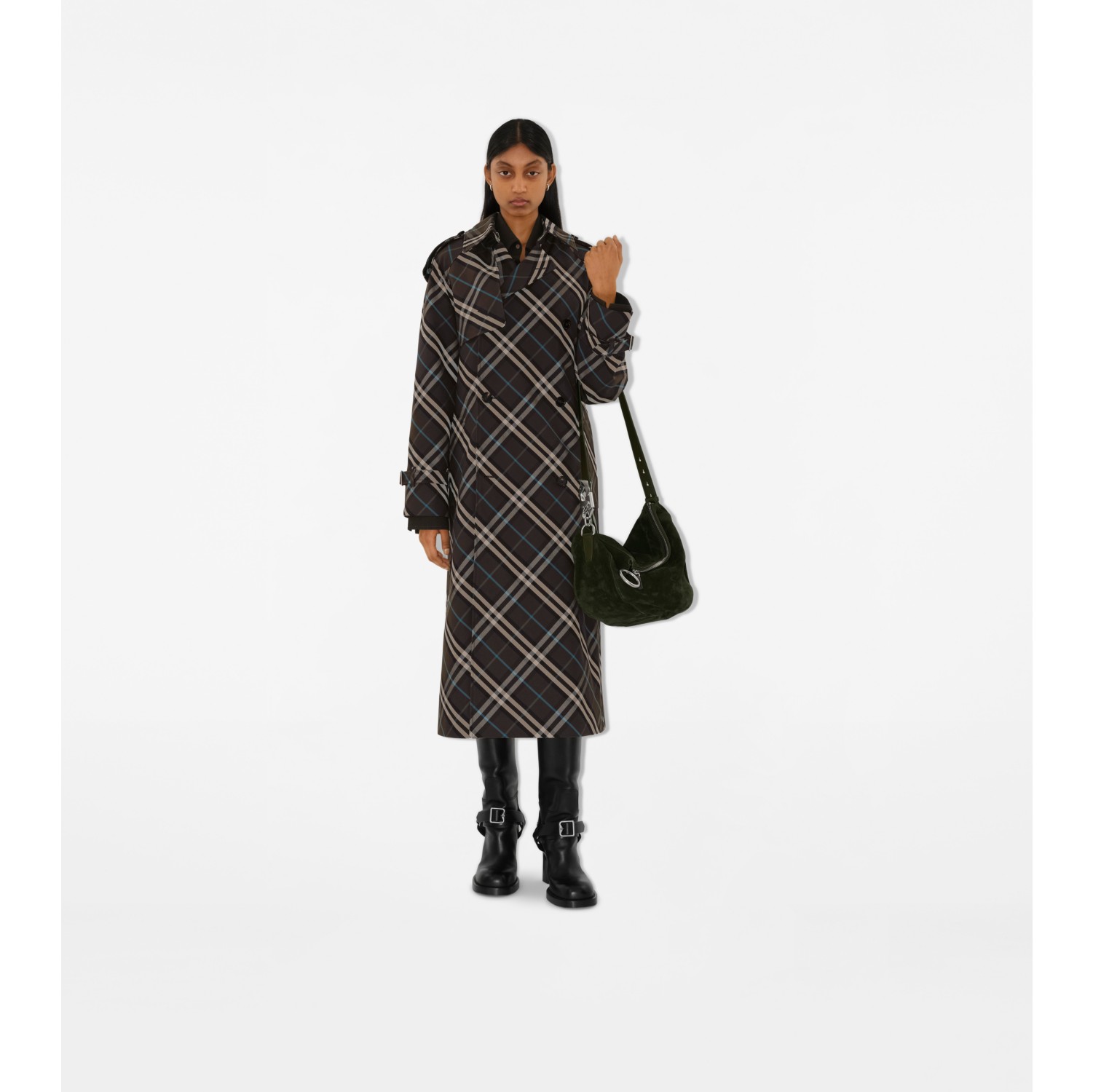 Long Check Cotton Blend Trench Coat