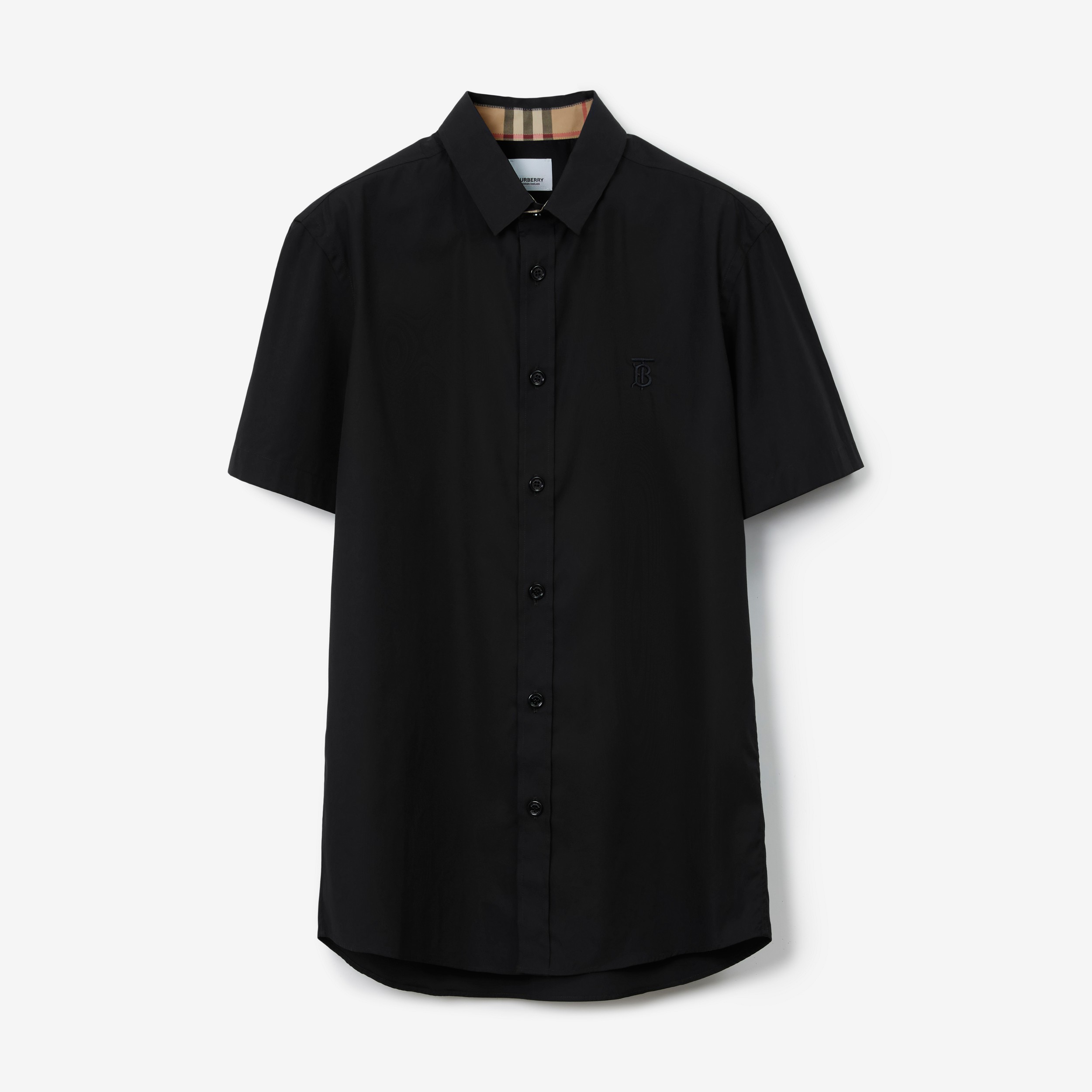 쇼트 슬리브 모노그램 모티프 스트레치 코튼 셔츠 (블랙) - 남성 | Burberry® - 1
