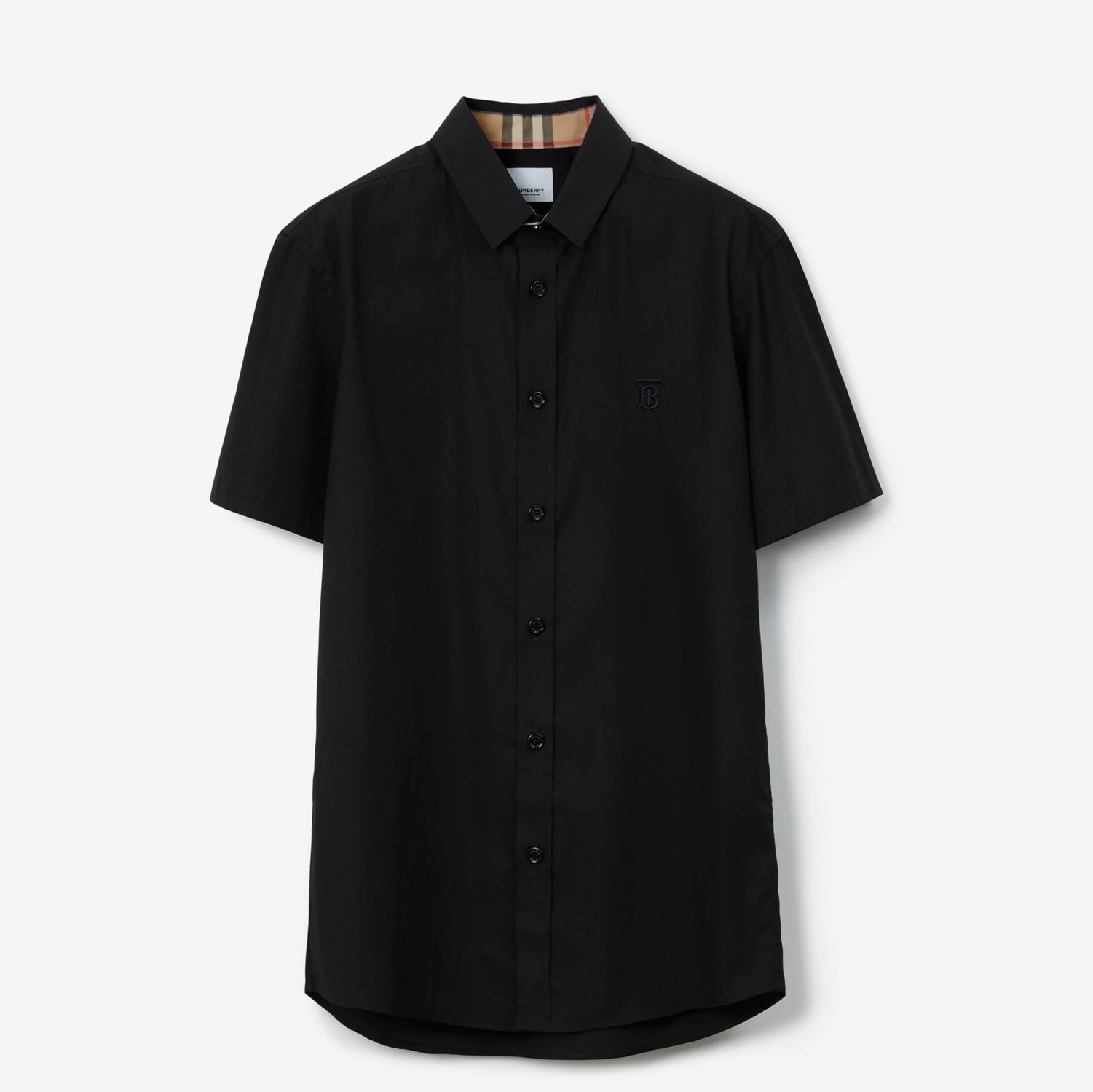 专属标识装饰弹力棉质短袖衬衫 (黑色) - 男士 | Burberry® 博柏利官网