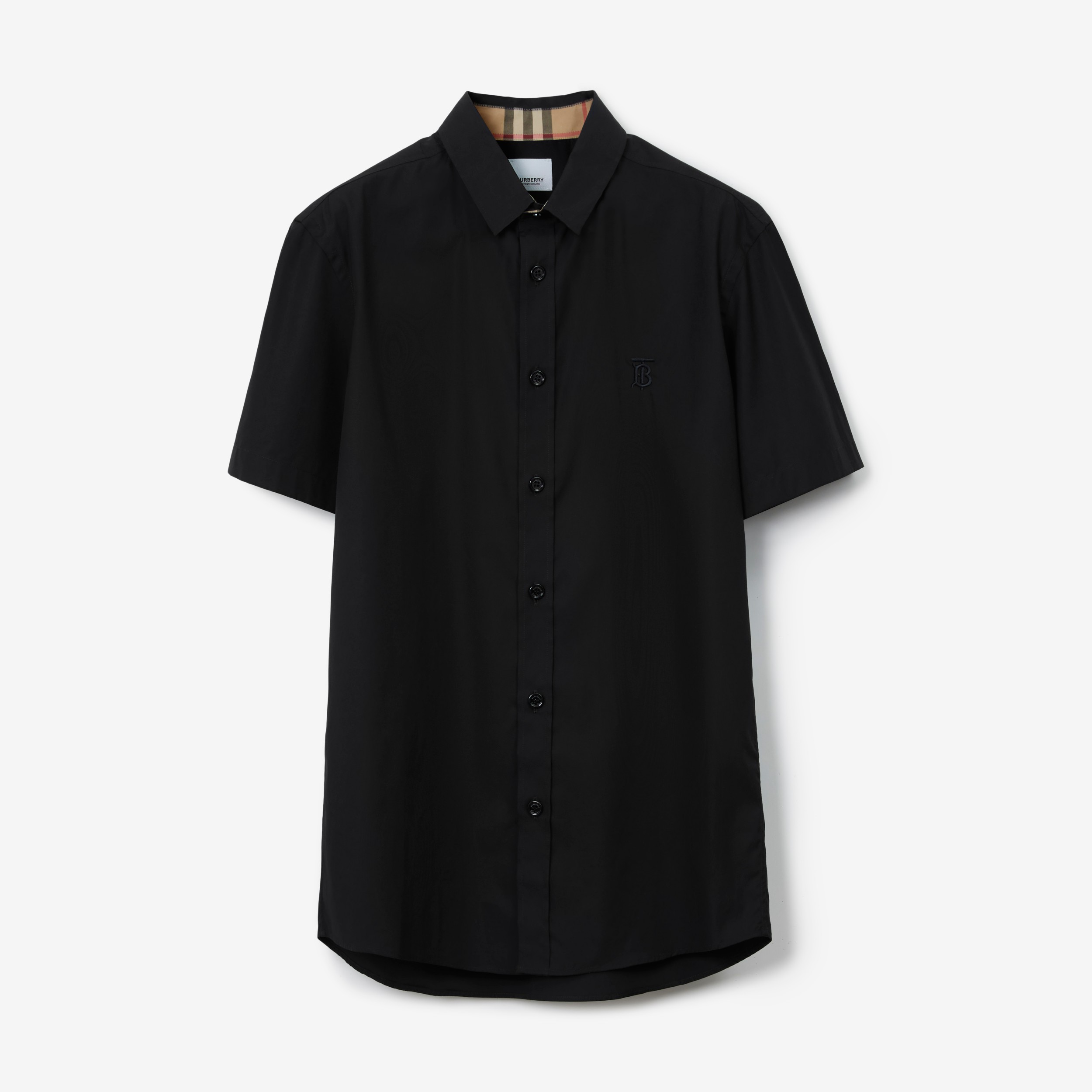 Camisa de manga corta en algodón elástico con monograma (Negro) - Hombre |  Burberry® oficial