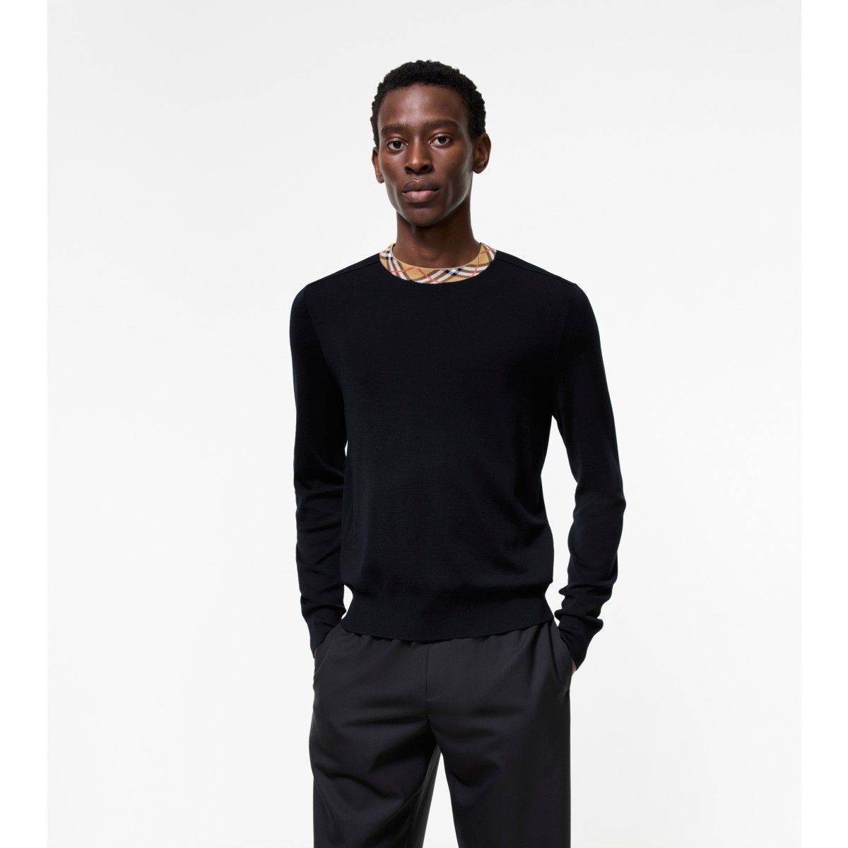  Check Trim Wool Sweater