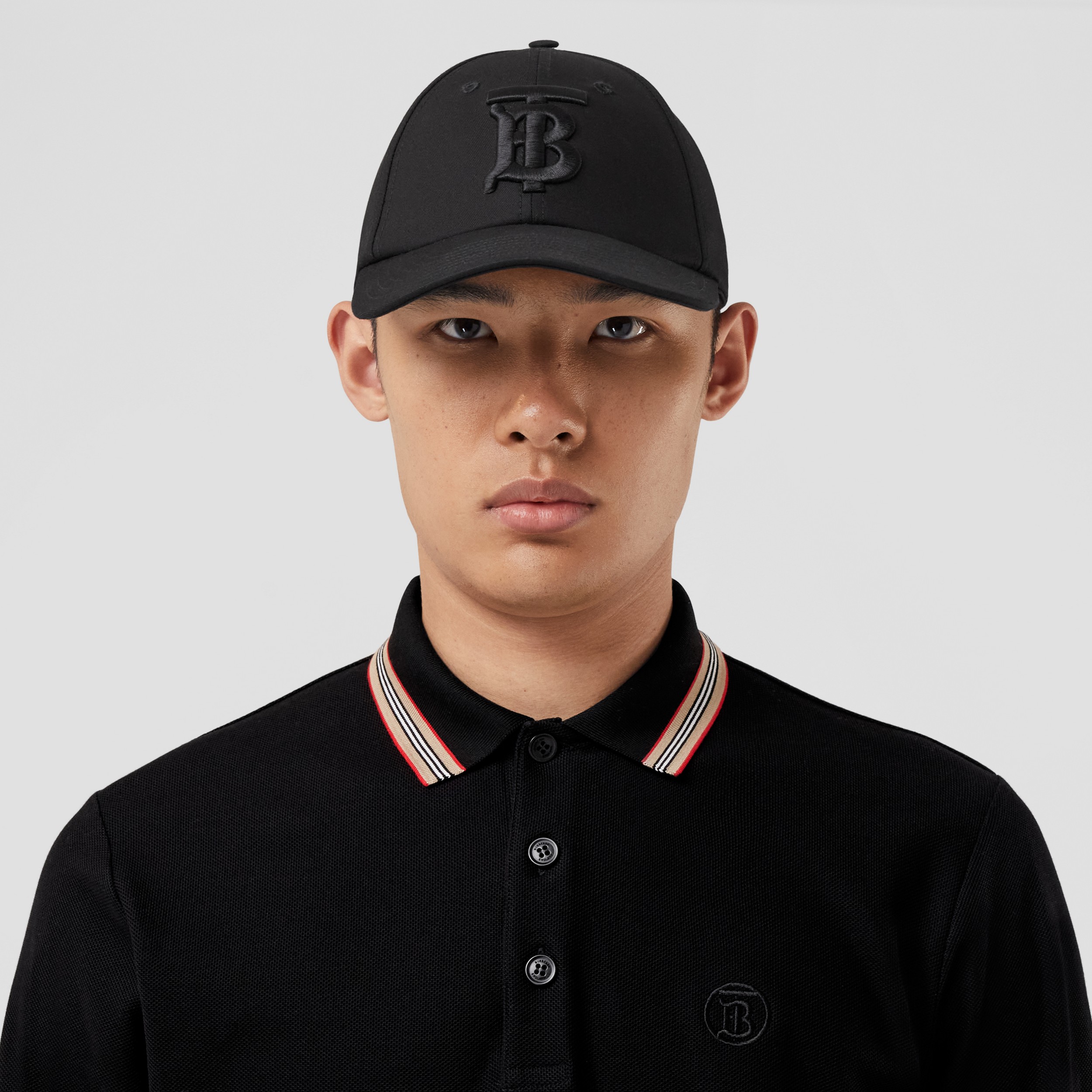 Long-sleeve Icon Stripe Collar Cotton Polo Shirt in Black - Men | Burberry® Official - 2
