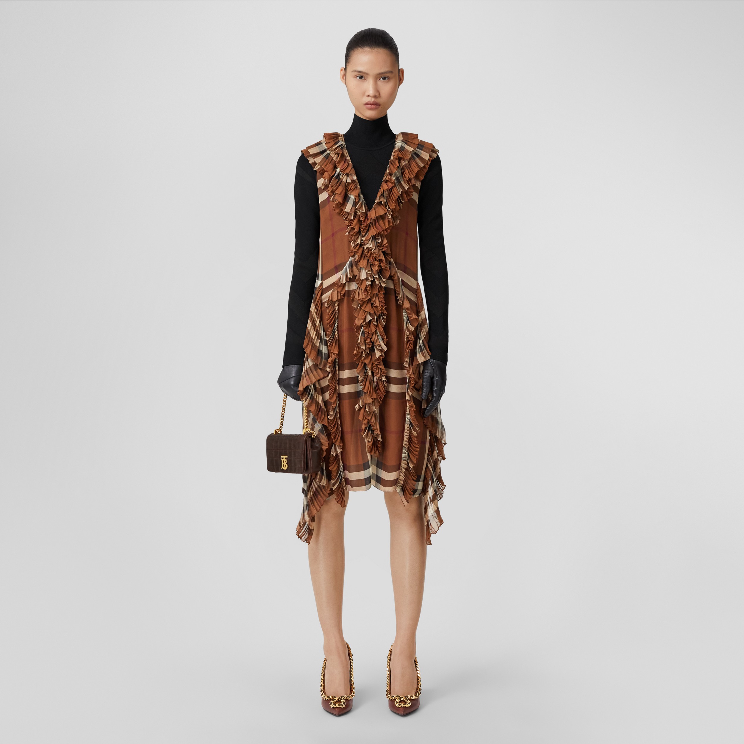 Pleated Ruffle Detail Check Silk Georgette Dress in Dark Birch Brown - Women | Burberry® Official - 4