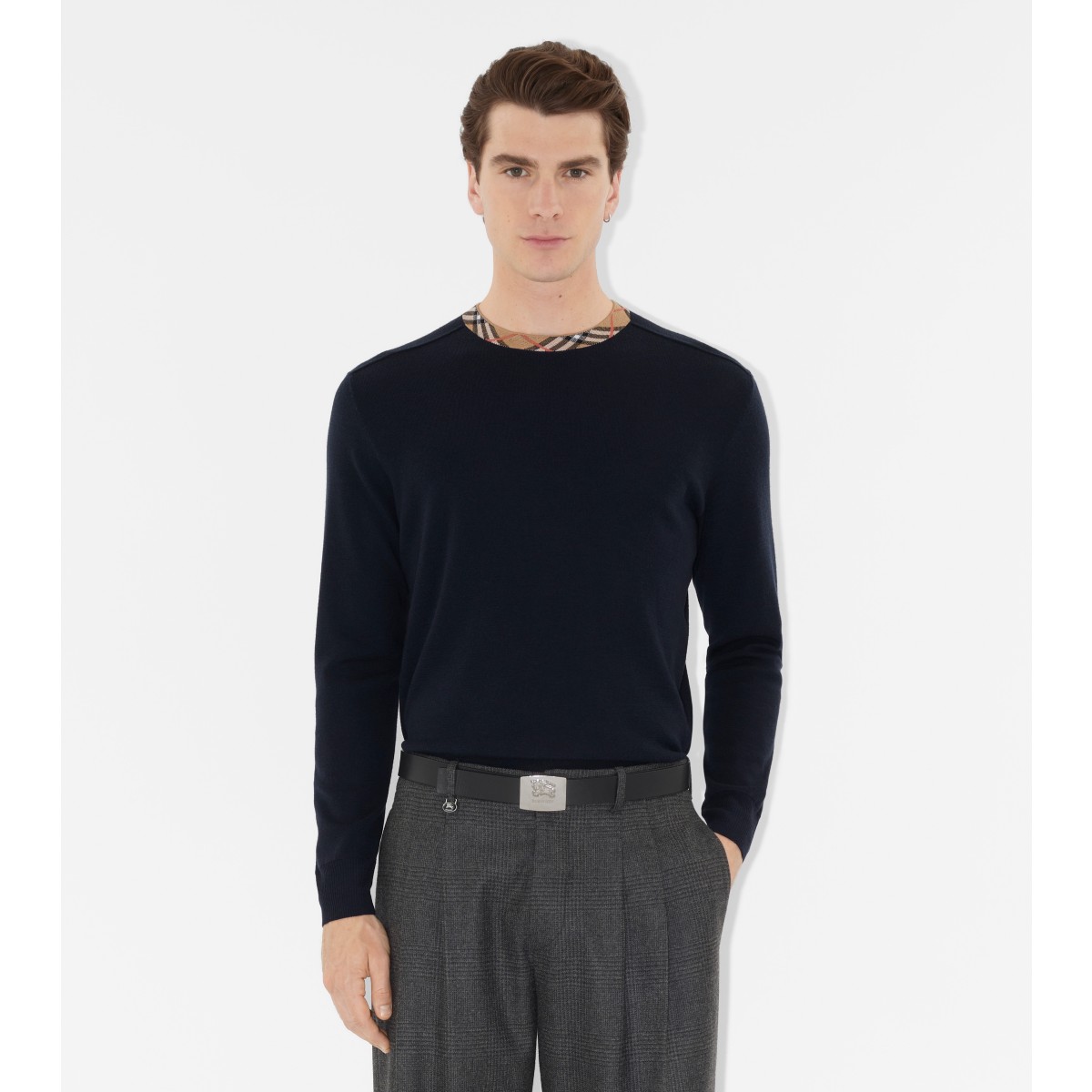  Check Trim Wool Sweater
