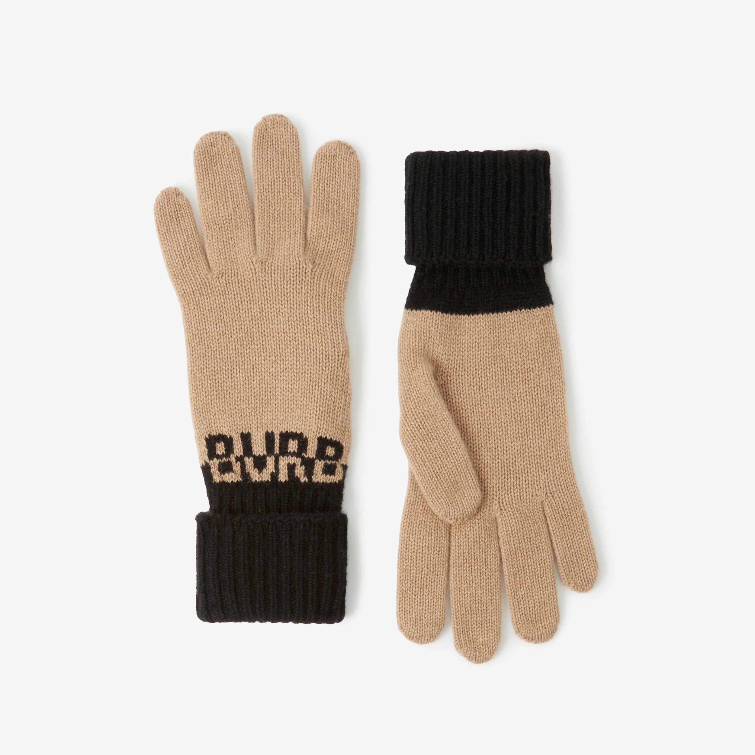 Gants en cachemire bicolore avec logo en intarsia (Beige D'archive/noir) | Site officiel Burberry® - 1