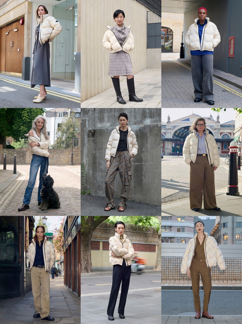 Grid of 9 Shots of a mixture of personalities & Burberry employees wearing the Check Ambleside Puffer Jacket in colour Yarn beige