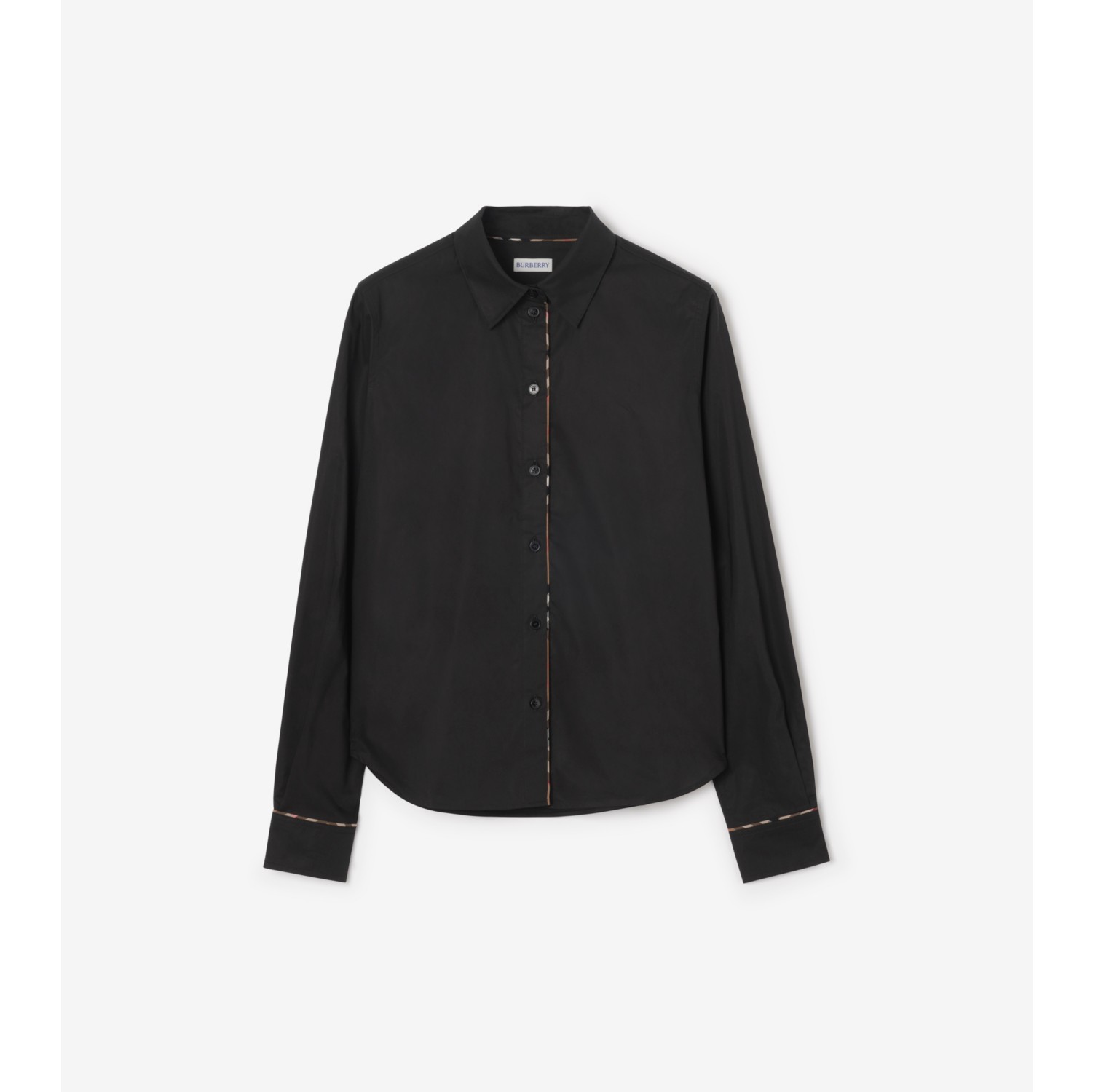 Check Trim Cotton Shirt in Black - Women | Burberry® Official