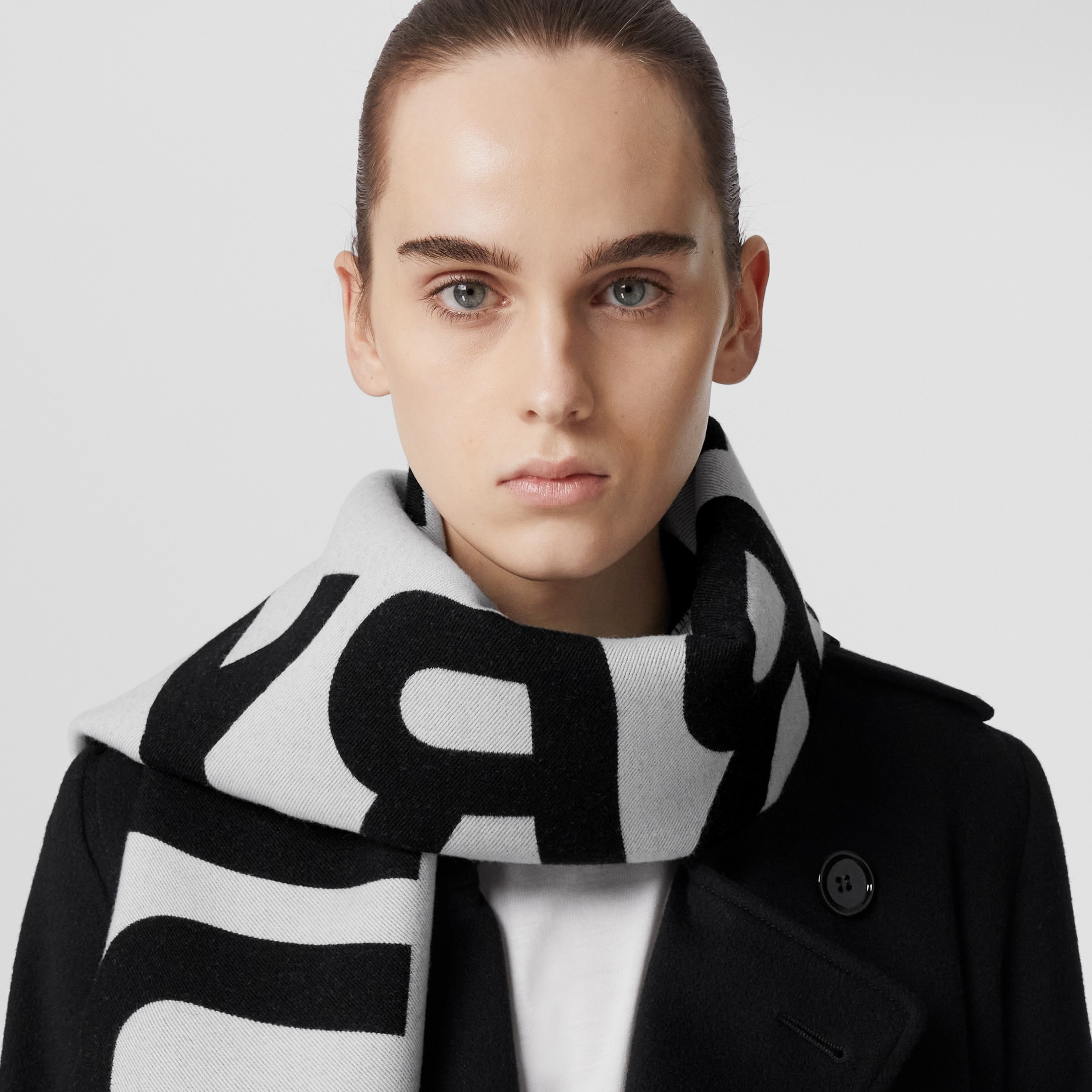 Logo and EKD Wool Silk Jacquard Scarf in Monochrome | Burberry® Official - 3