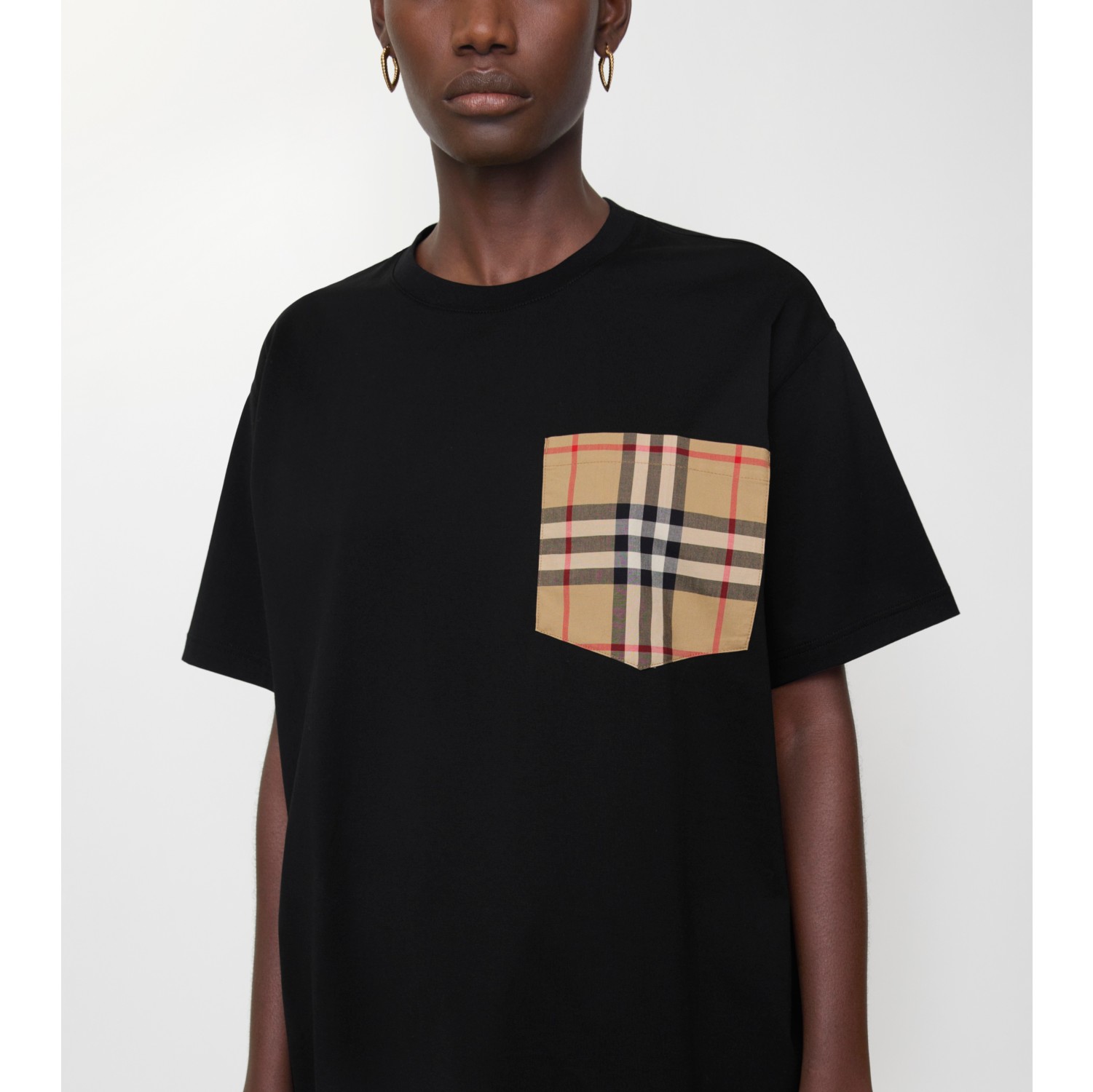 チェックポケット コットンTシャツ (ブラック) - ウィメンズ, コットン