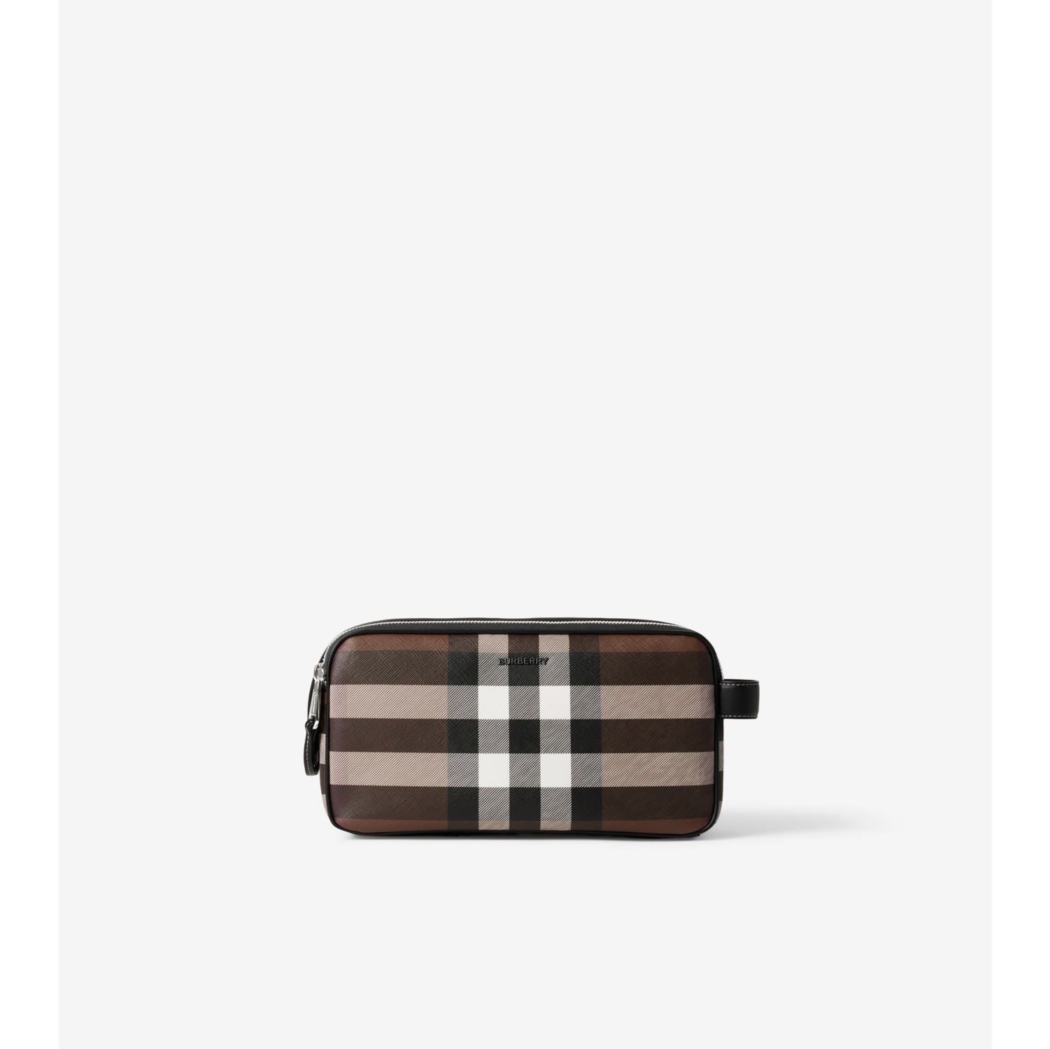 Check and Leather Travel Pouch in Dark Birch Brown - Men