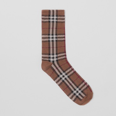 Vintage Check Intarsia Cotton Cashmere Blend Socks in Dark Birch Brown |  Burberry® Official