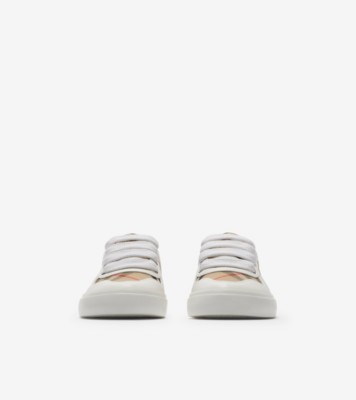 バーバリー子供靴 Check Cotton and Leather Sneakers in Sand - Children