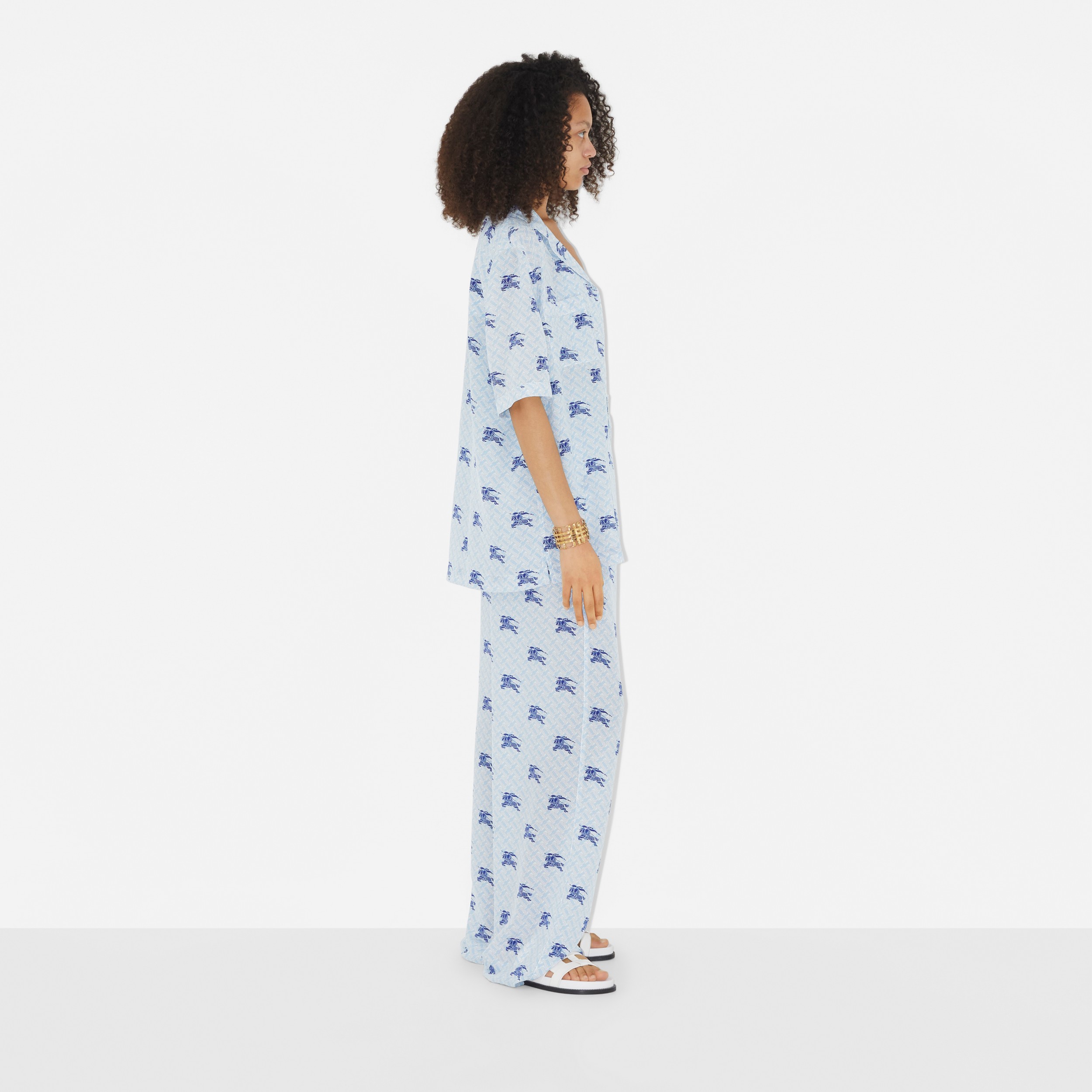 Camisa estilo pijama de seda com estampa EKD e monograma (Azul-marinho) - Mulheres | Burberry® oficial - 3