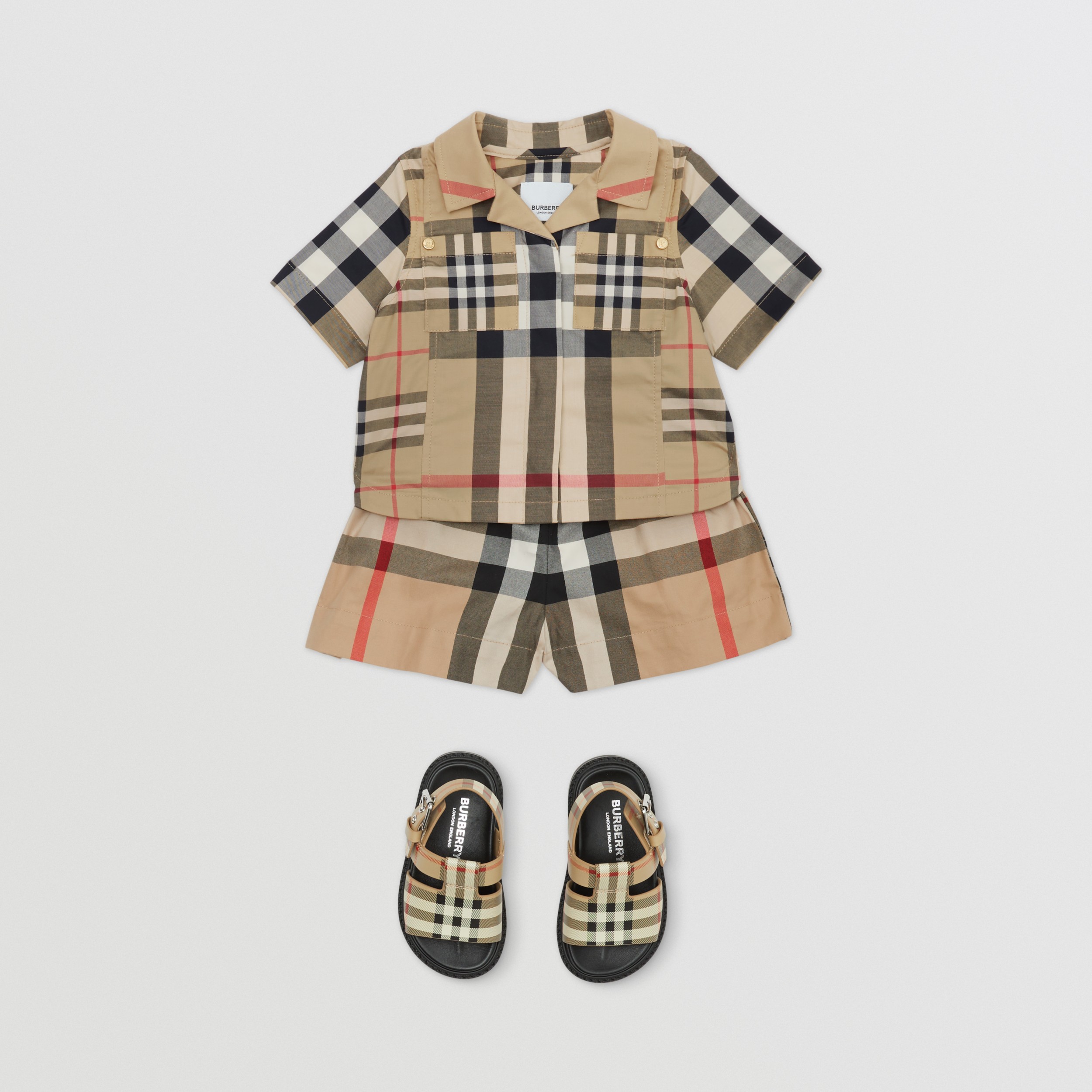 镶拼格纹短袖弹力棉质衬衫 (典藏米色) - 儿童 | Burberry® 博柏利官网 - 3