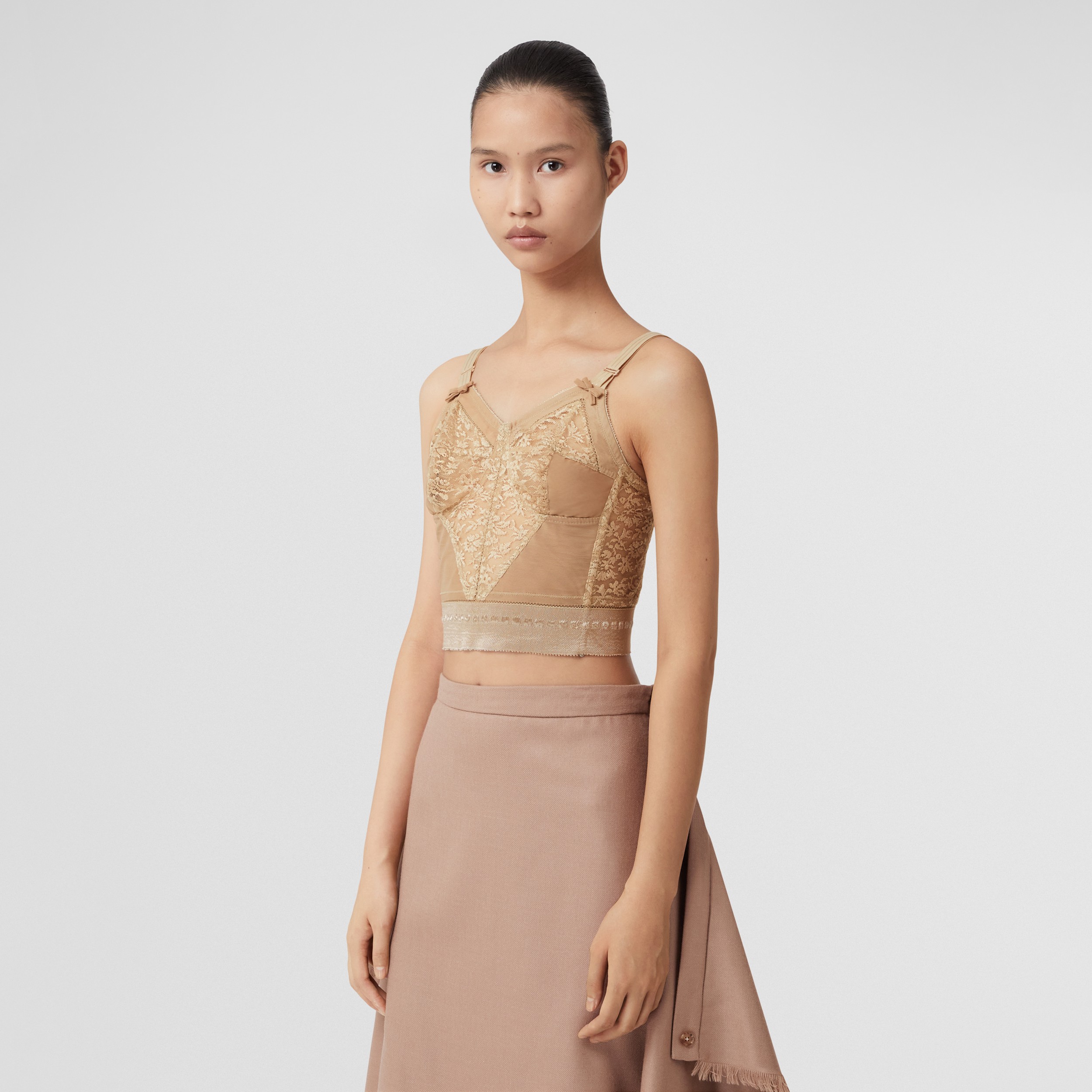 Lace Panel Stretch Tulle Corset Top in Soft Fawn - Women | Burberry® Official - 1