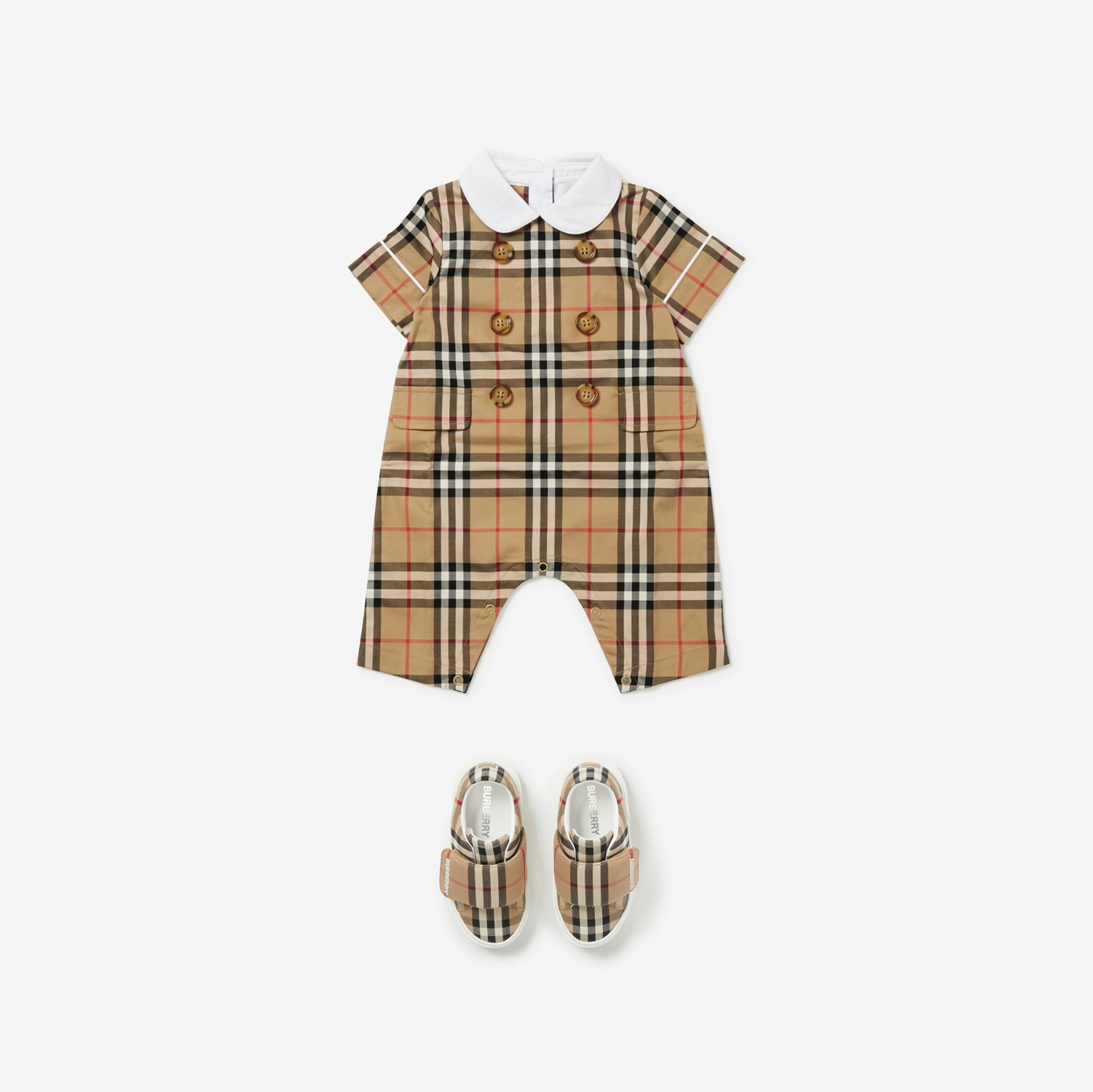 Check Stretch Cotton Playsuit in Archive Beige - Children | Burberry® Official