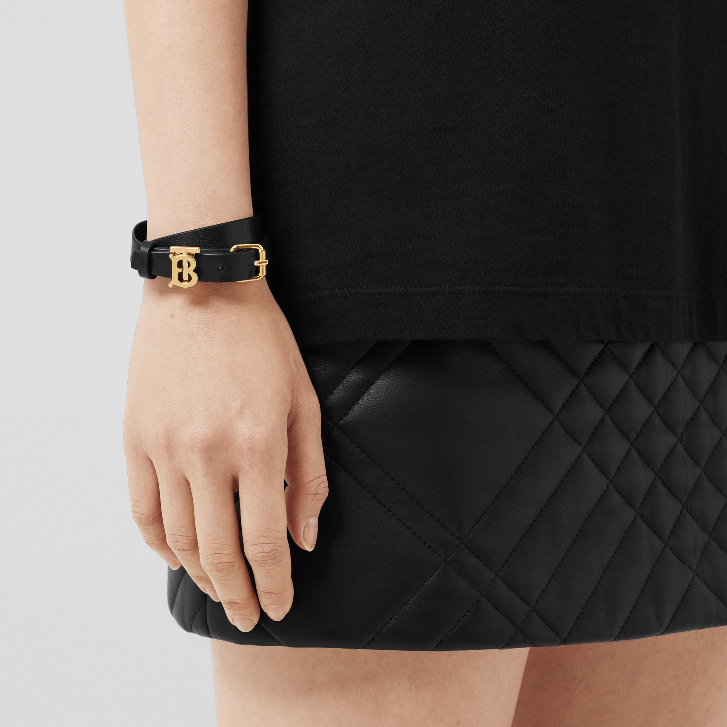 Monogram Motif Leather Wraparound Bracelet in Black/light Gold - Women | Burberry® Official - 3