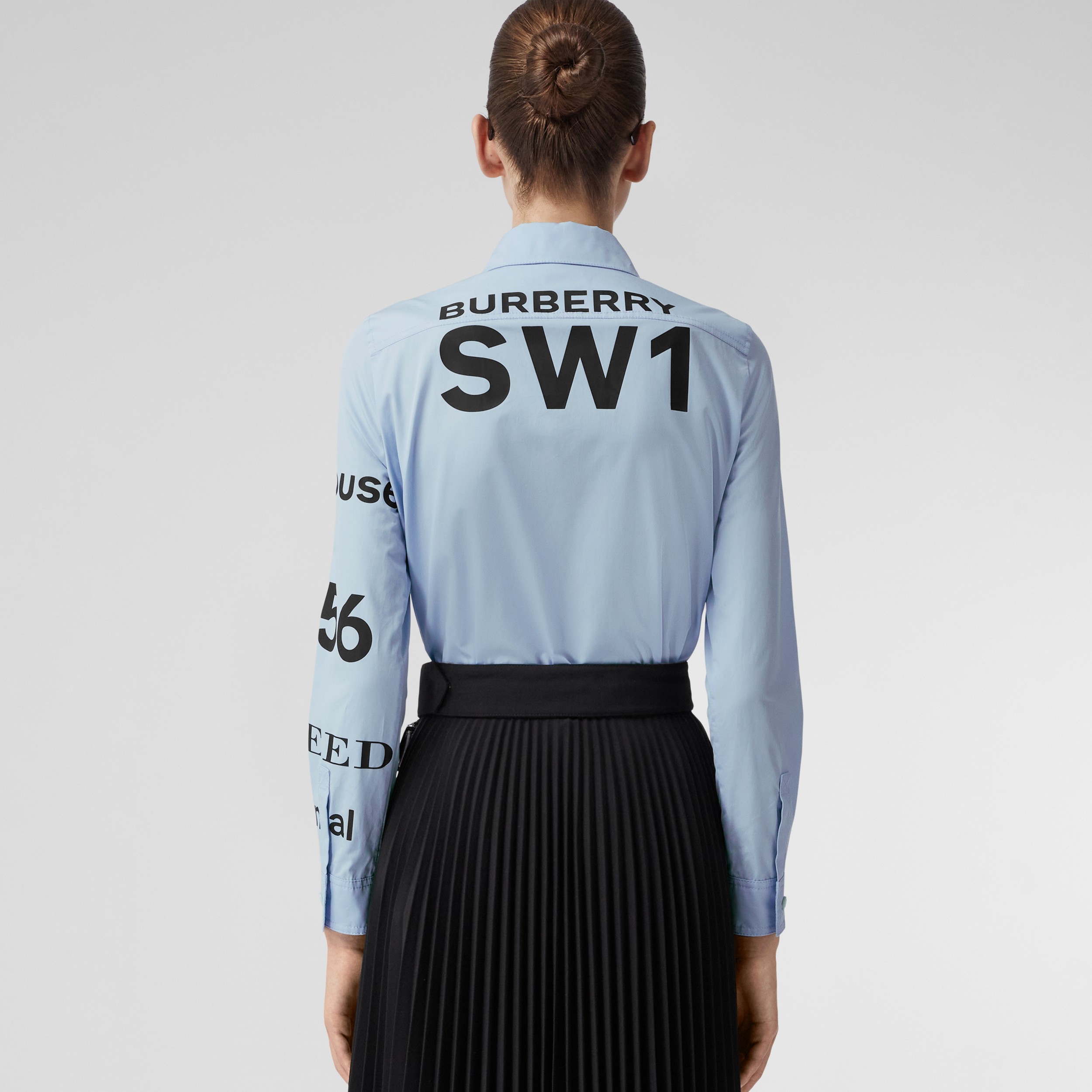 Button-down Collar Horseferry Print Cotton Shirt in Sky Blue - Women | Burberry® Official - 3