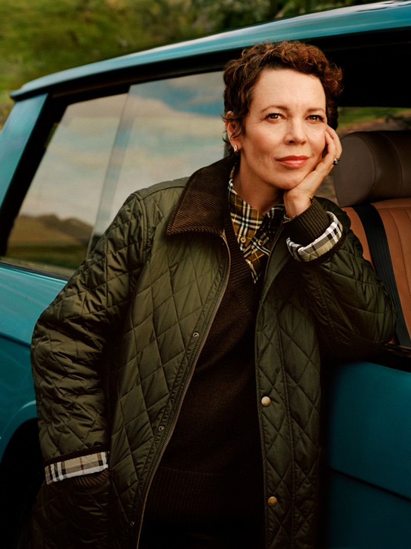 Burberry Outerwear campaign featuring Olivia Colman wearing Quilted Jacket in Shale and Brush Check