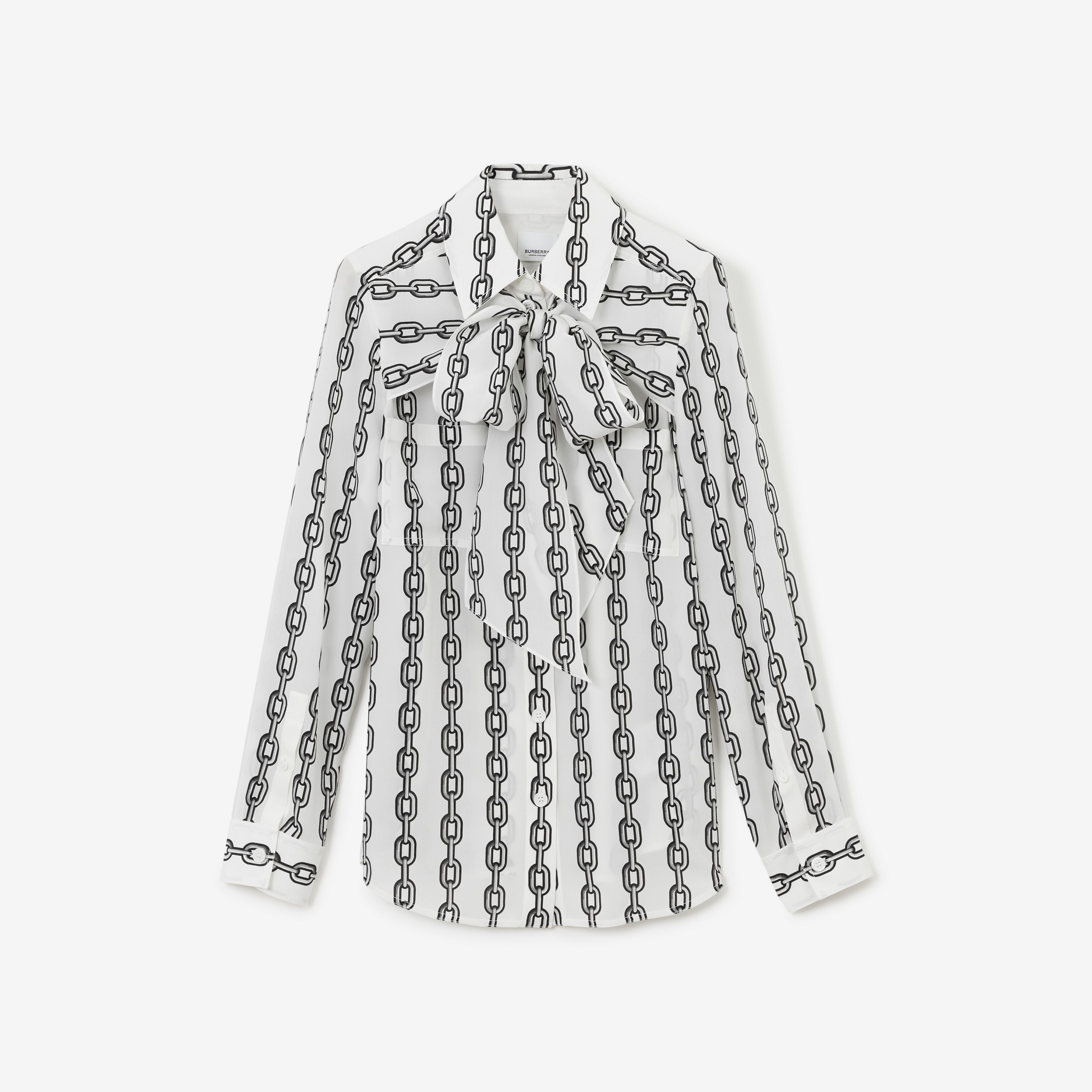 Blusa en crepé de seda con lazada al cuello y estampado de cadenas (Blanco) - Mujer | Burberry® oficial - 1