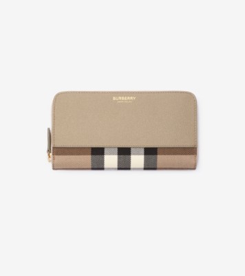 Large Check and Leather Zip Wallet in Mushroom grey - Women | Burberry® Official