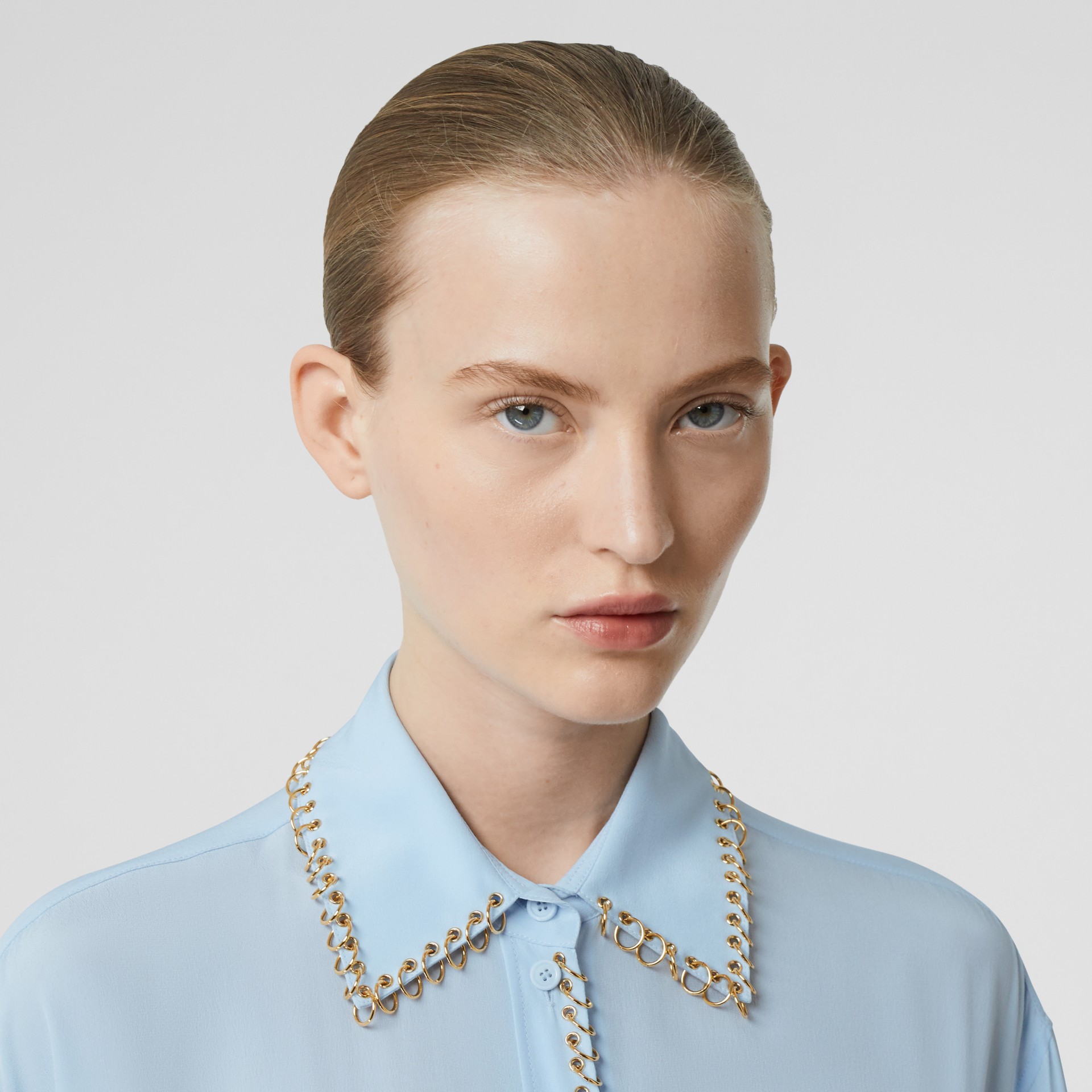 Ring-pierced Silk Crepe Shirt in Pale Blue - Women | Burberry United States