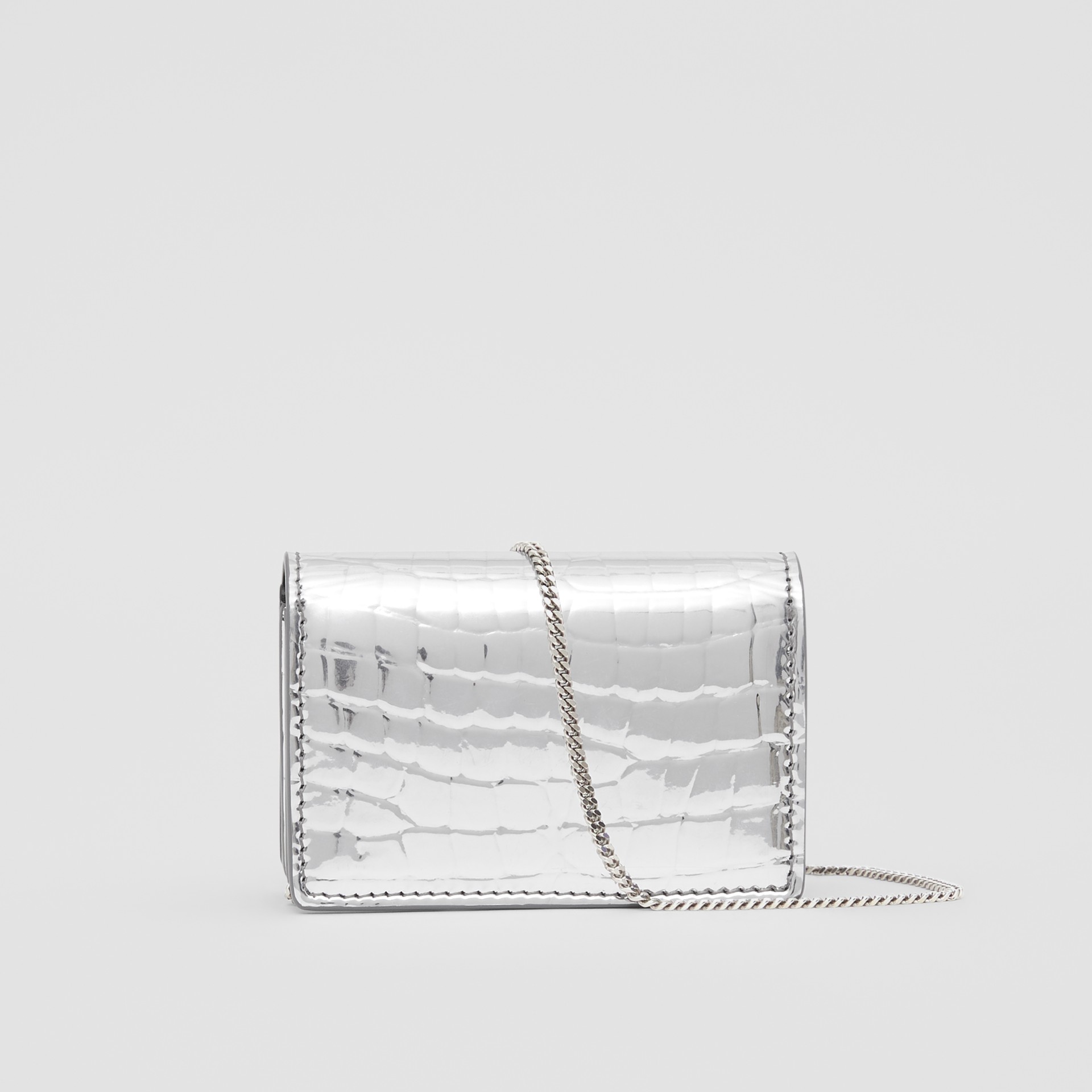 Metallic Embossed Card Case with Detachable Strap in Silver Burberry