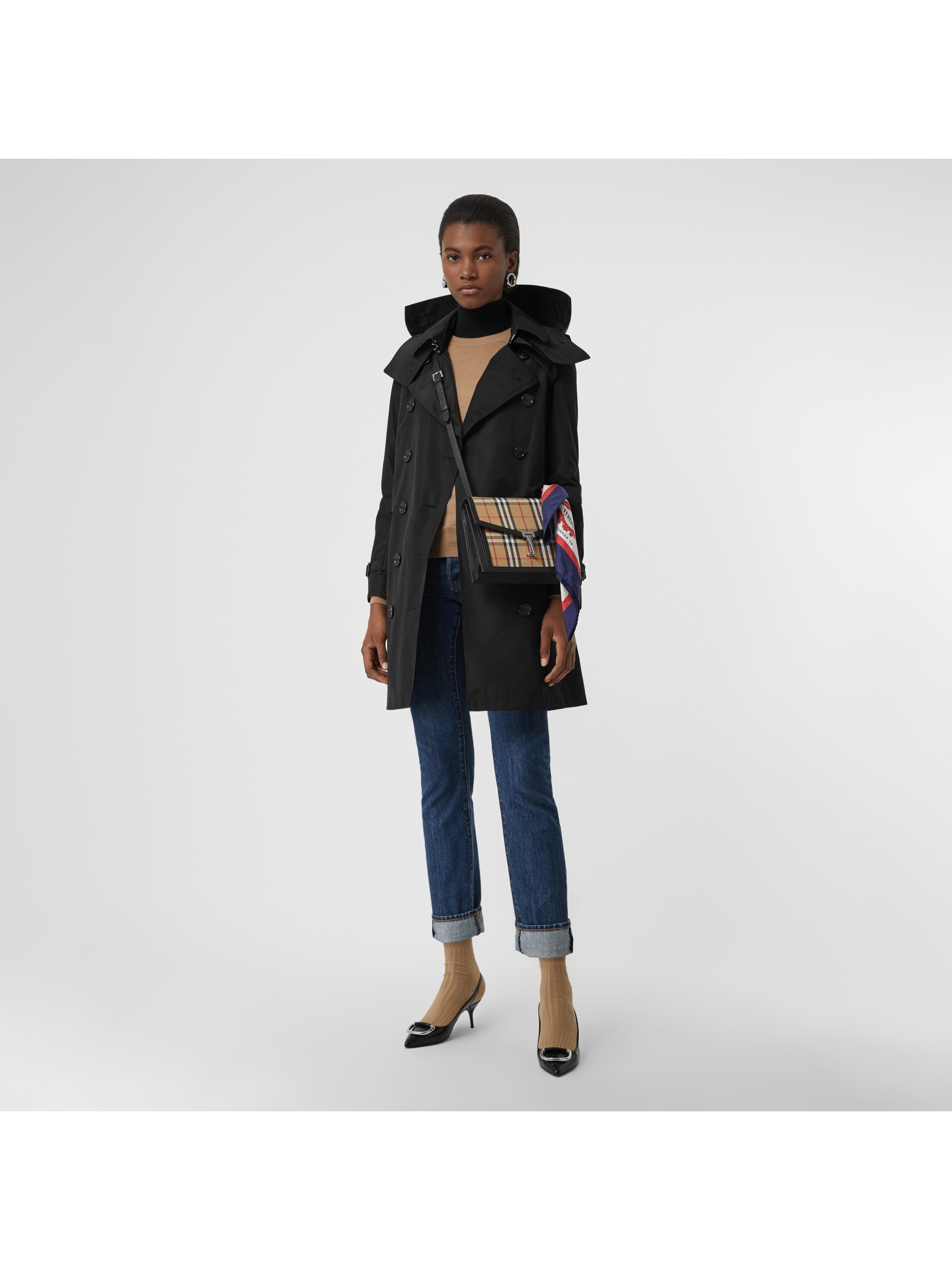 黑色 可拆式连帽塔夫绸 trench 风衣 产品图片51