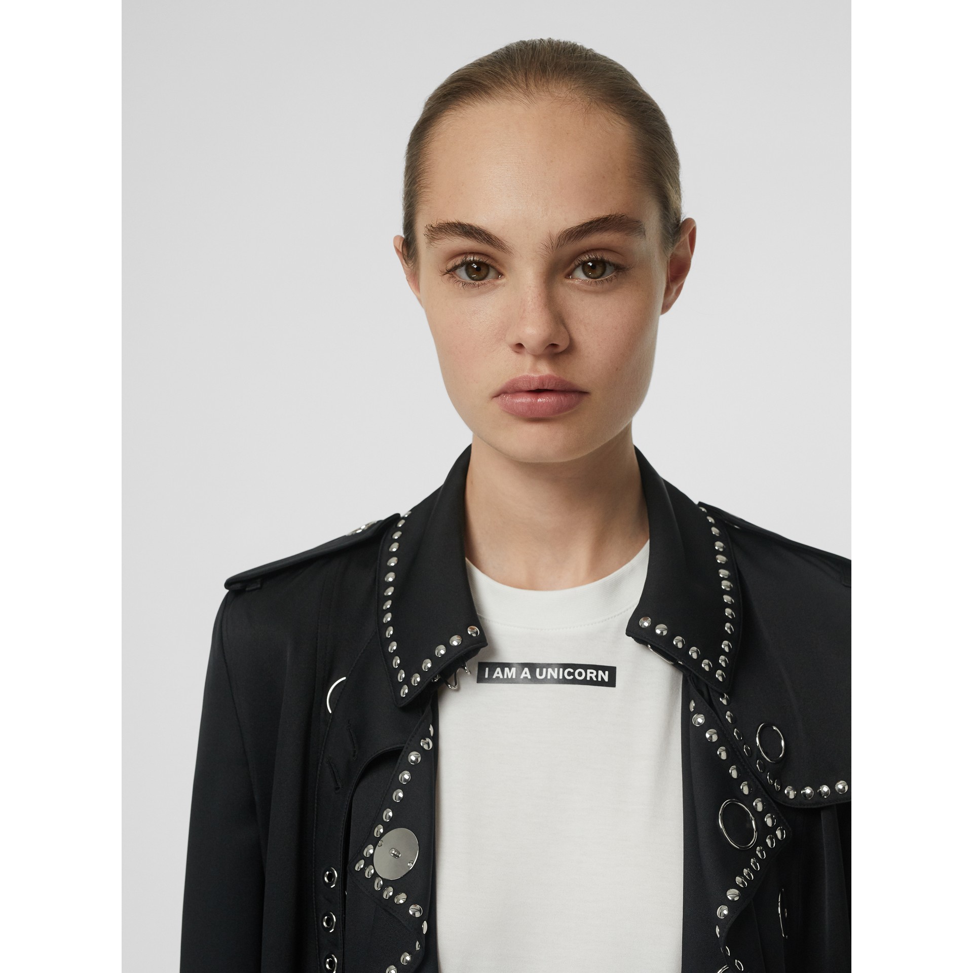 Studded Silk Satin Trench Coat in Black - Women | Burberry United States