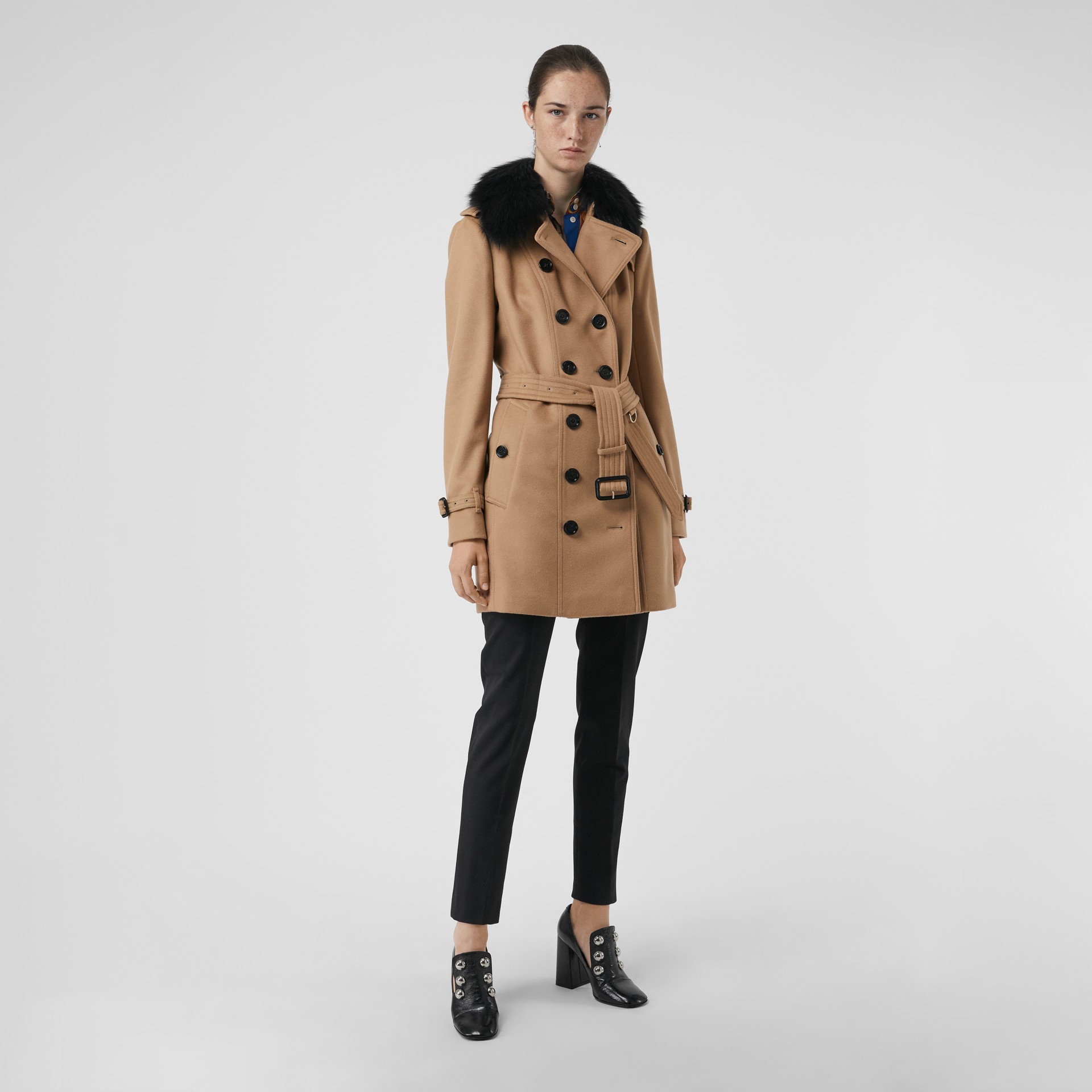 Wool Cashmere Trench Coat with Fur Collar in Camel - Women | Burberry ...