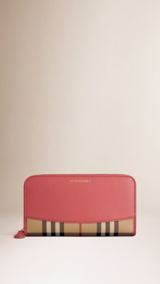 Coral pink Horseferry Check and Leather Ziparound Wallet - Image 1