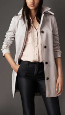 Pale grey Leather Trim Cotton Gabardine Trench Coat - Image 1