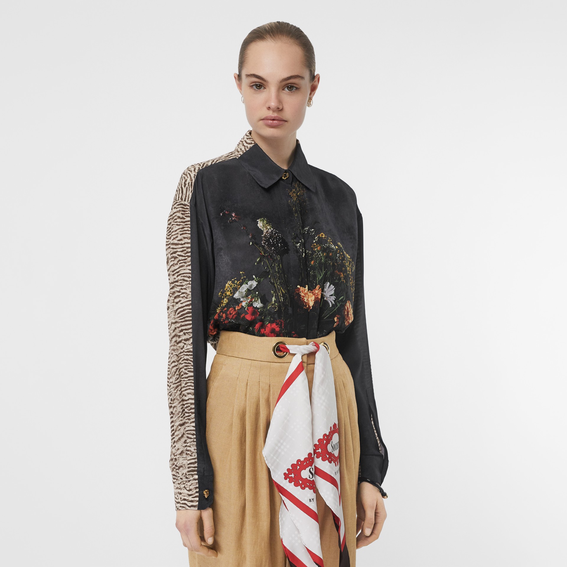 Floral and Tiger Print Silk Shirt in Black Women Burberry United States