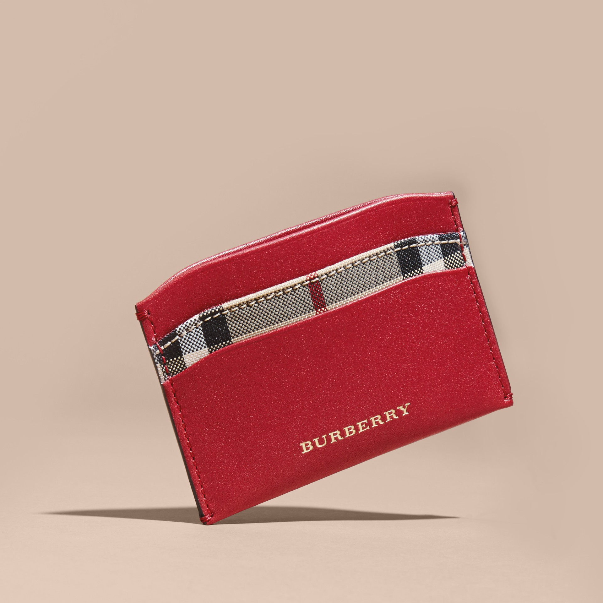 Check and Leather Card Case in Parade Red Women