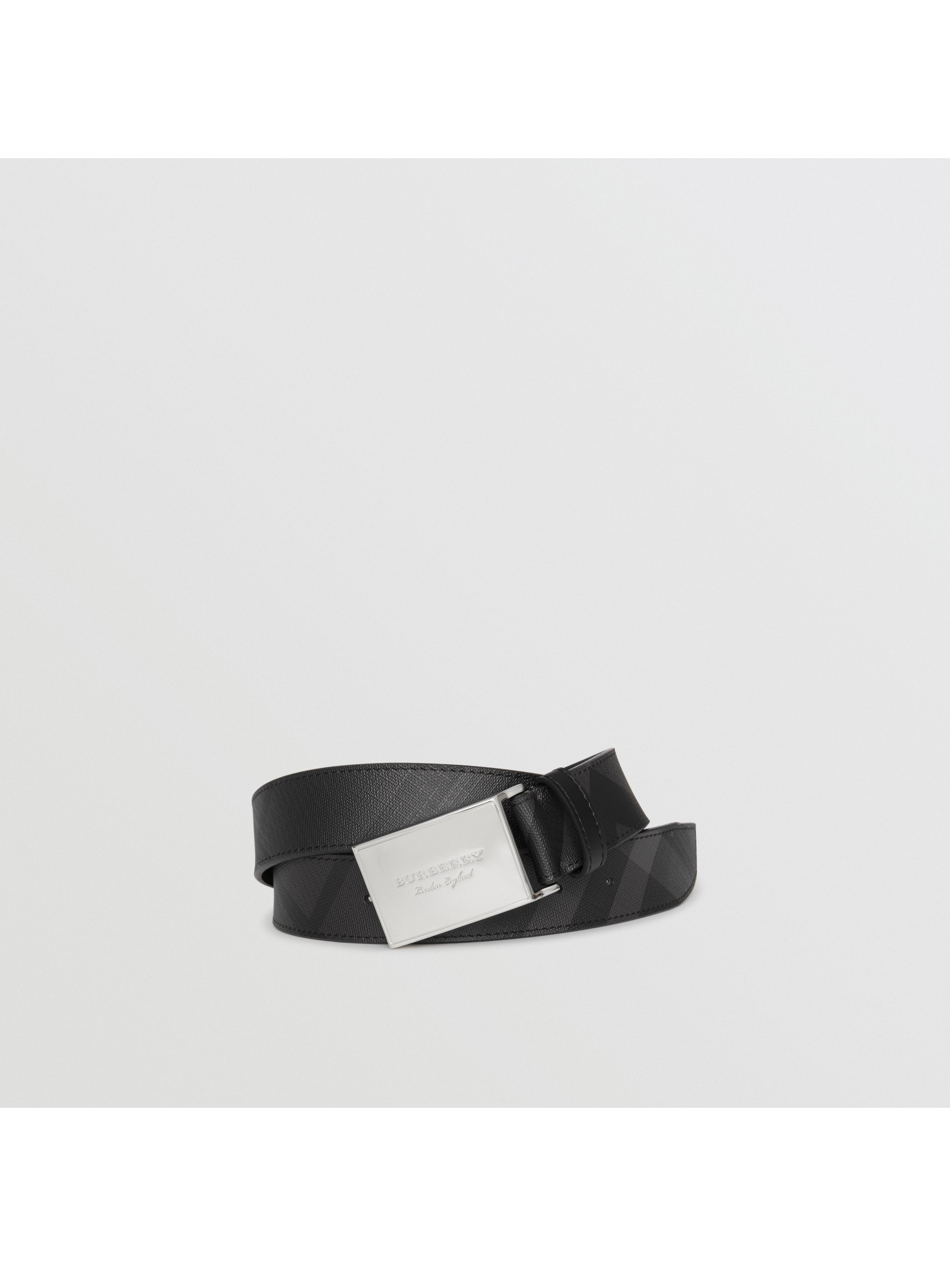 炭灰色 / 黑色 饰牌搭扣 london 格纹拼皮革腰带 产品图片01