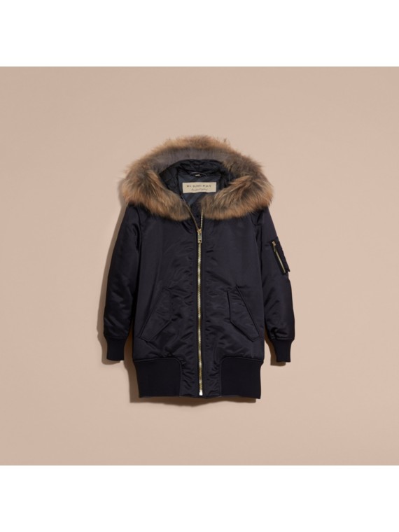 Longline Satin Bomber Jacket with Furtrimmed Hood Graphite Burberry