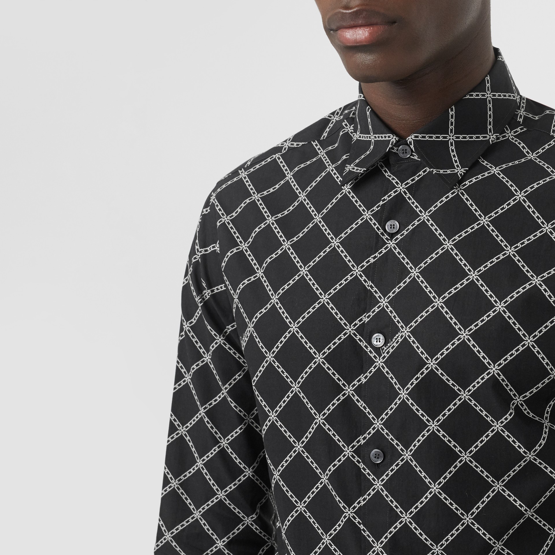 Link Print Cotton Poplin Shirt in Black - Men | Burberry United States