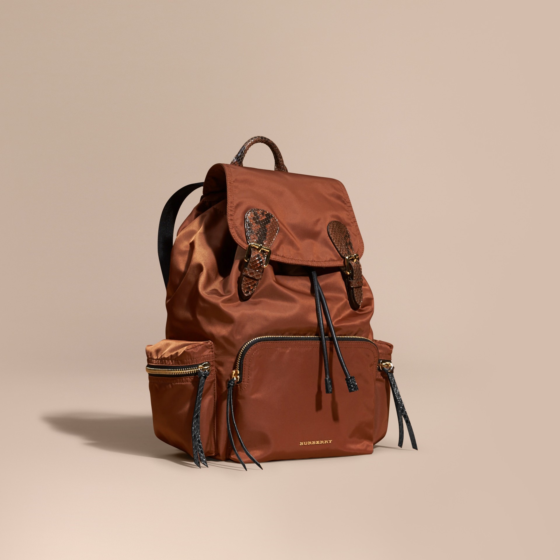 The Large Rucksack in Technical Nylon and Snakeskin in Redwood/tan ...