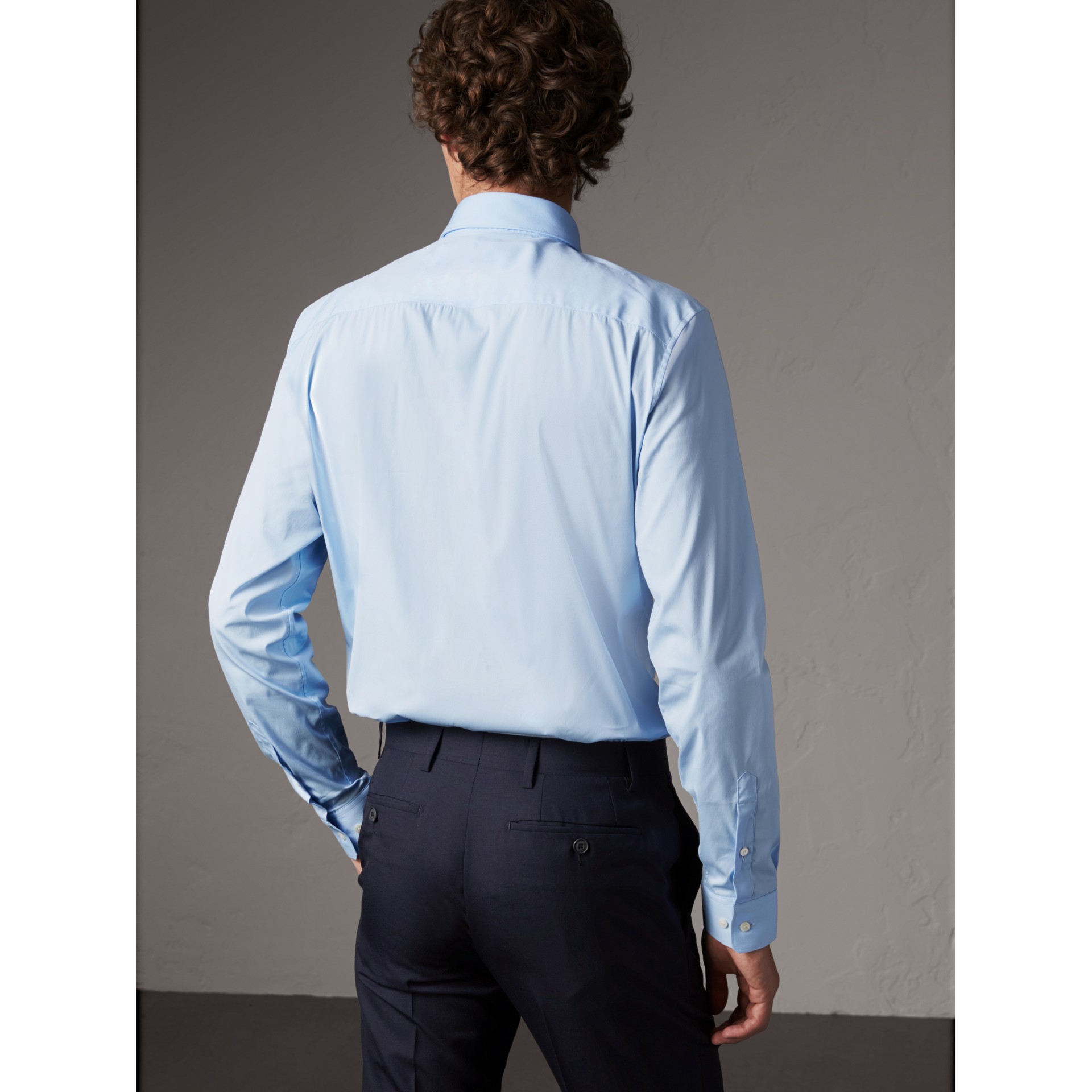 Slim Fit Stretch Cotton Shirt in City Blue Men Burberry United States