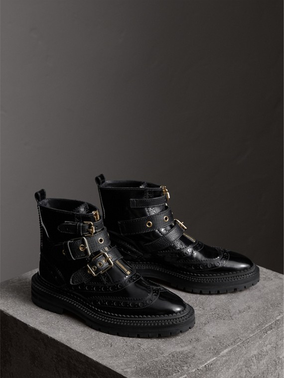 Buckled Leather Brogue Ankle Boots in Black - Women | Burberry